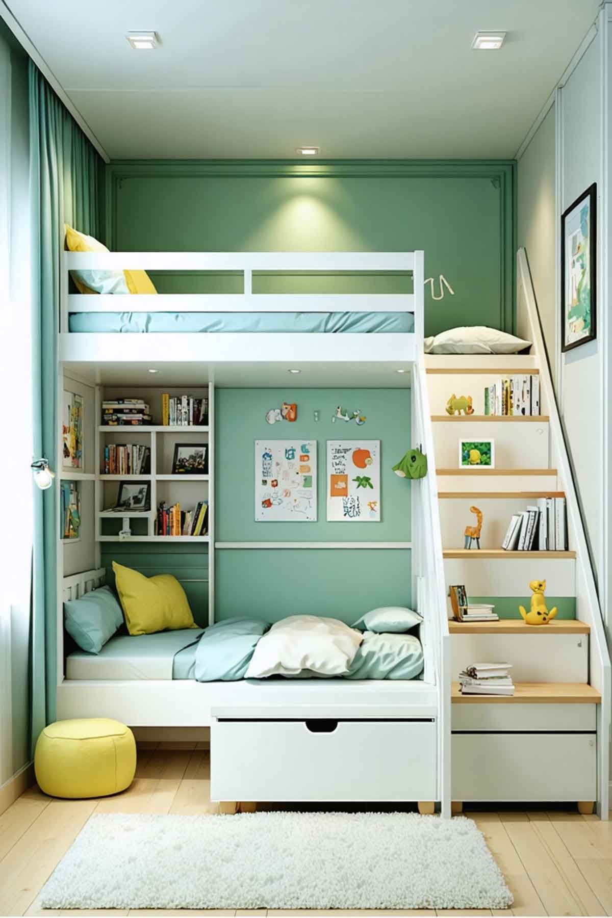 A bedroom with a bunk bed and stairs leading up to it.