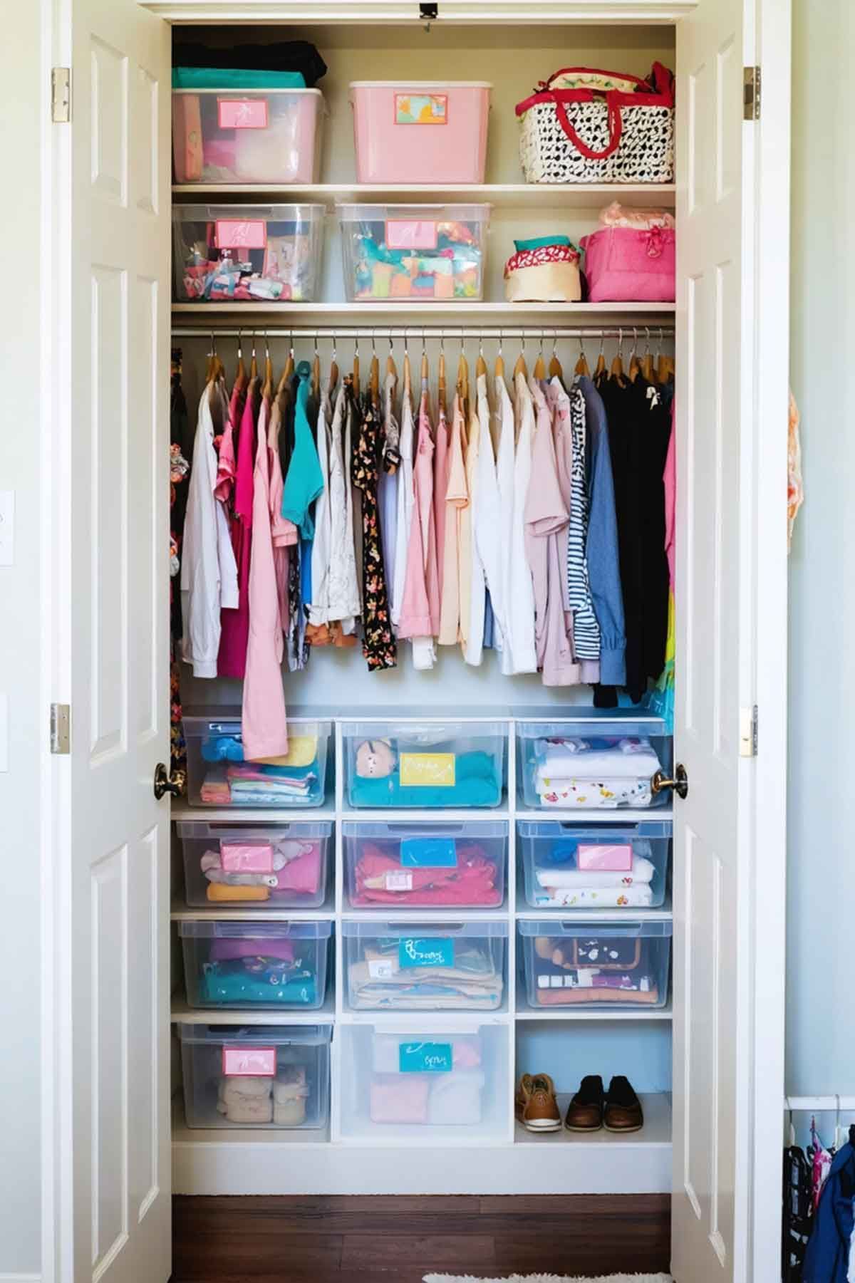 A closet filled with lots of clothes and plastic bins.