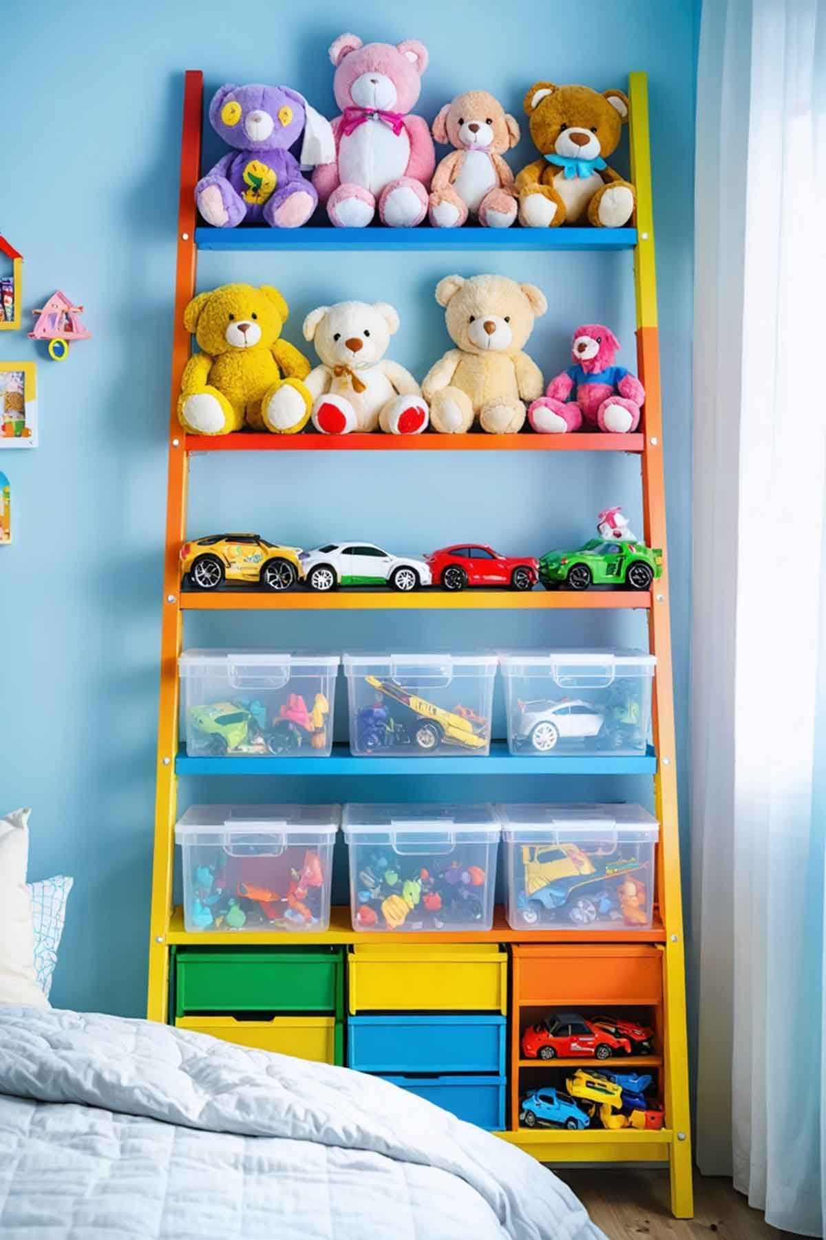A children 's room with a ladder filled with stuffed animals and toys.
