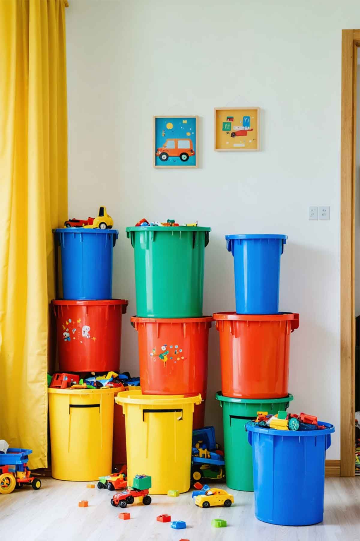 A room filled with lots of colorful plastic bins filled with toys.
