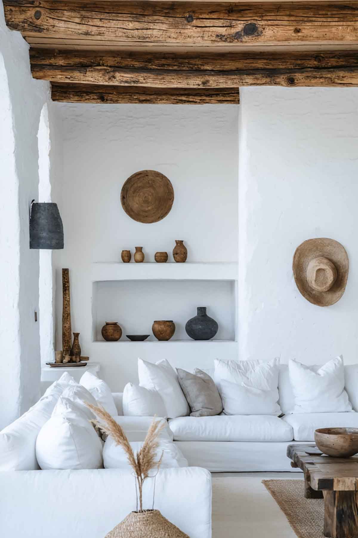 A living room with a white couch and beautiful recycled wooden beams.