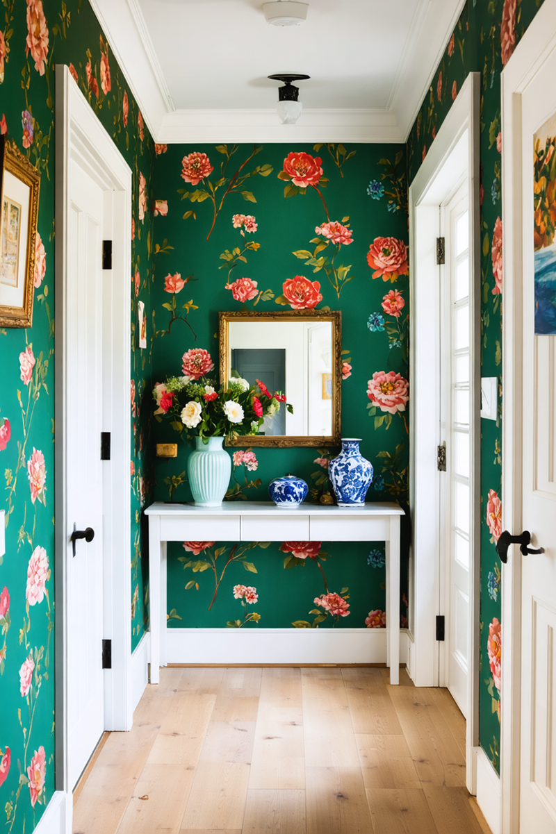 A hallway in a modern home with an emerald green wallpaper featuring a bright floral pattern with a white ceiling and white trims