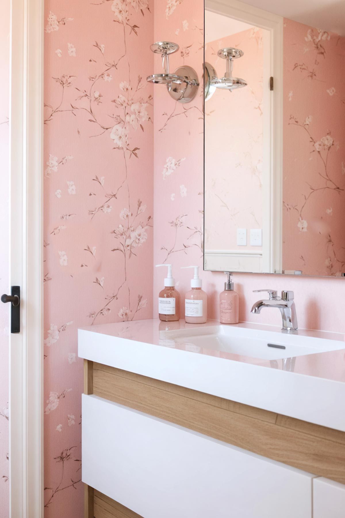 A modern bathroom with natural pink shades in the wallpaper.