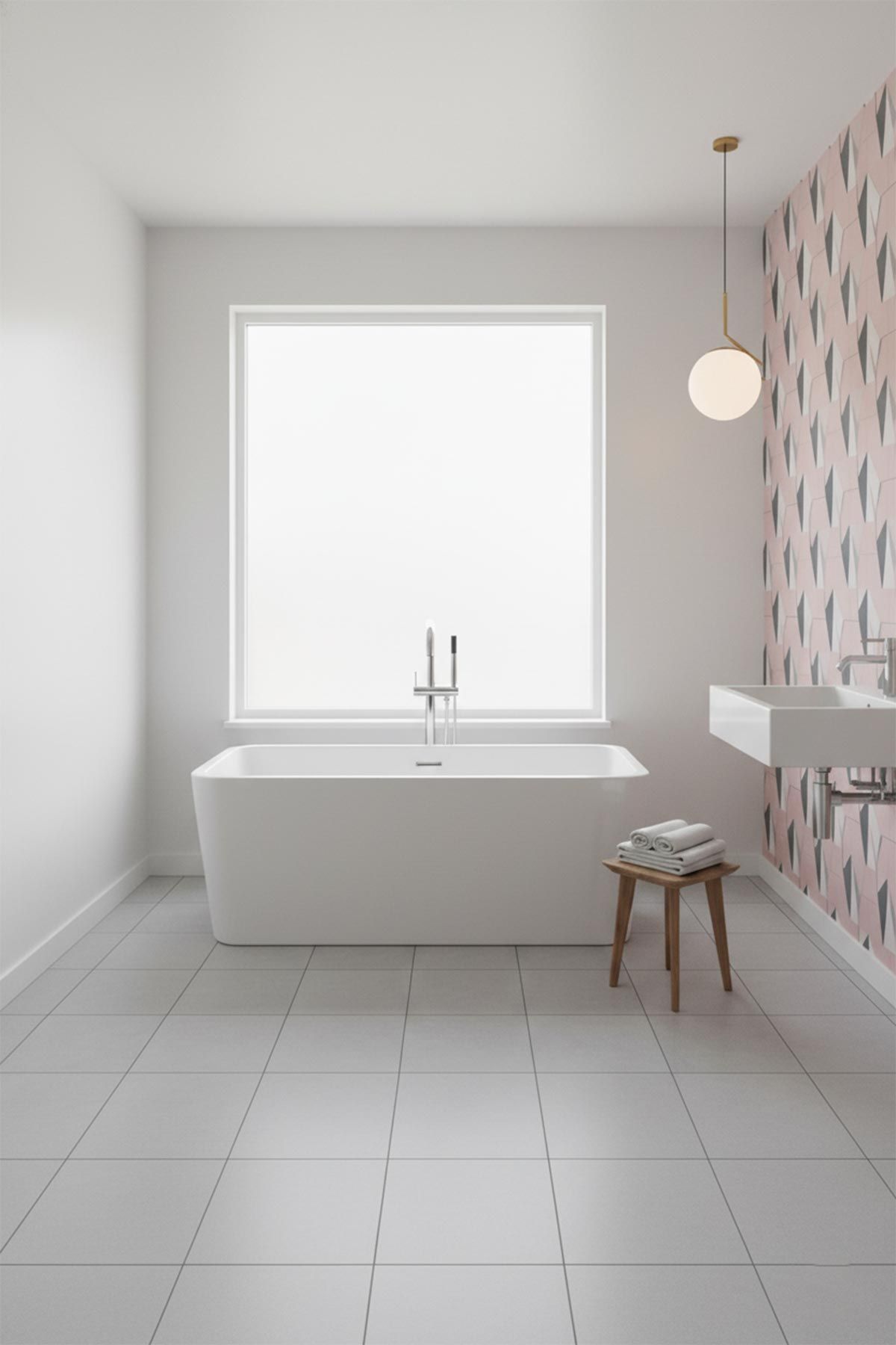 A modern bathroom with mid century inspired patterned pink wallpaper.
