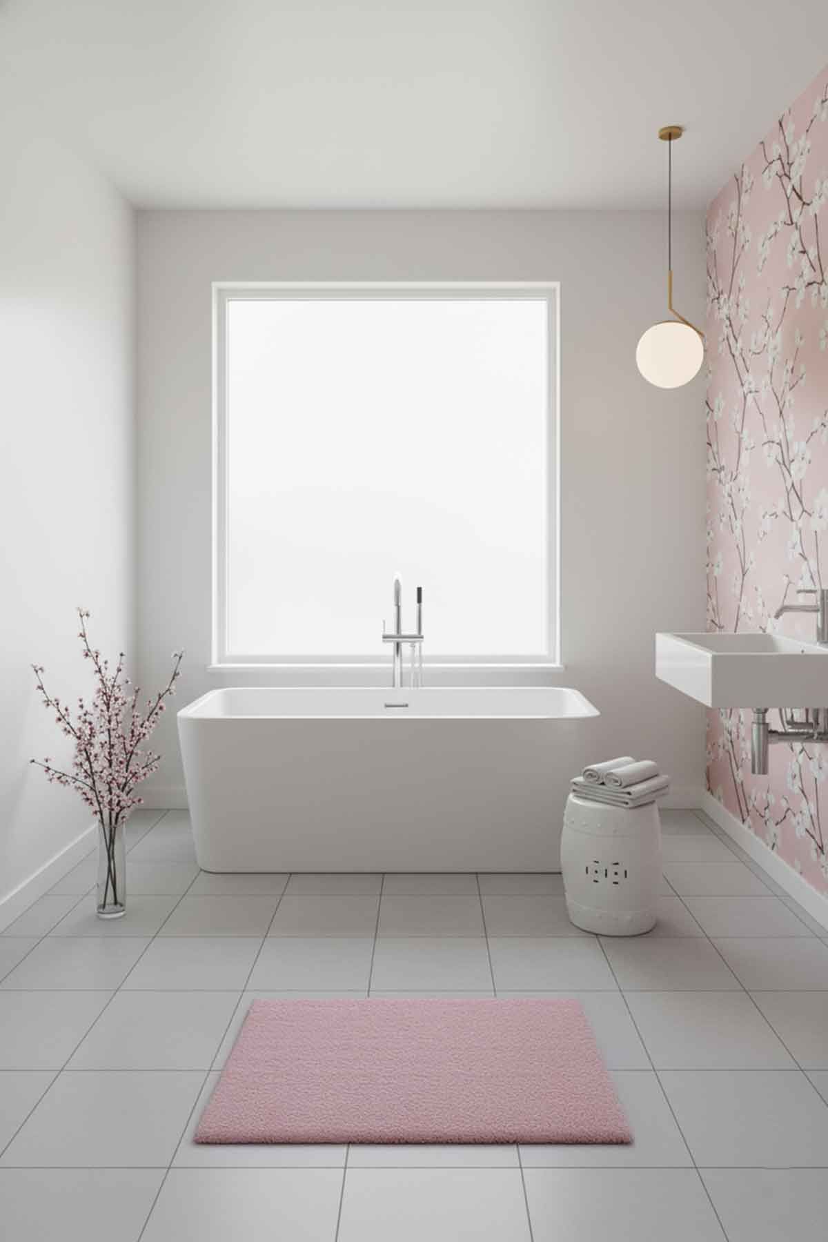 A modern pink bathroom with soft cherry blossom pink wallpaper