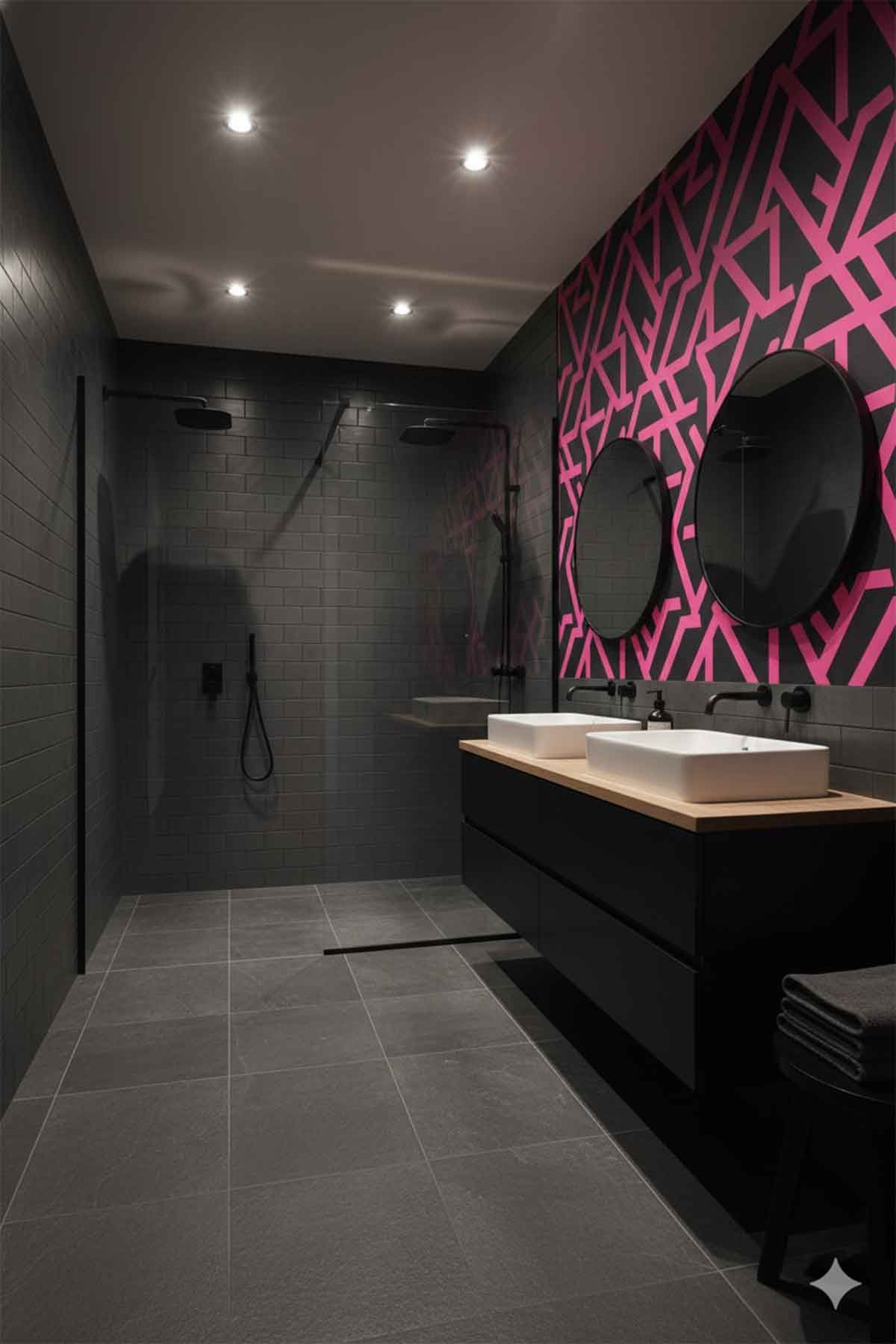 A dark grey and black bathroom with a bold geometric pink wallpaper.