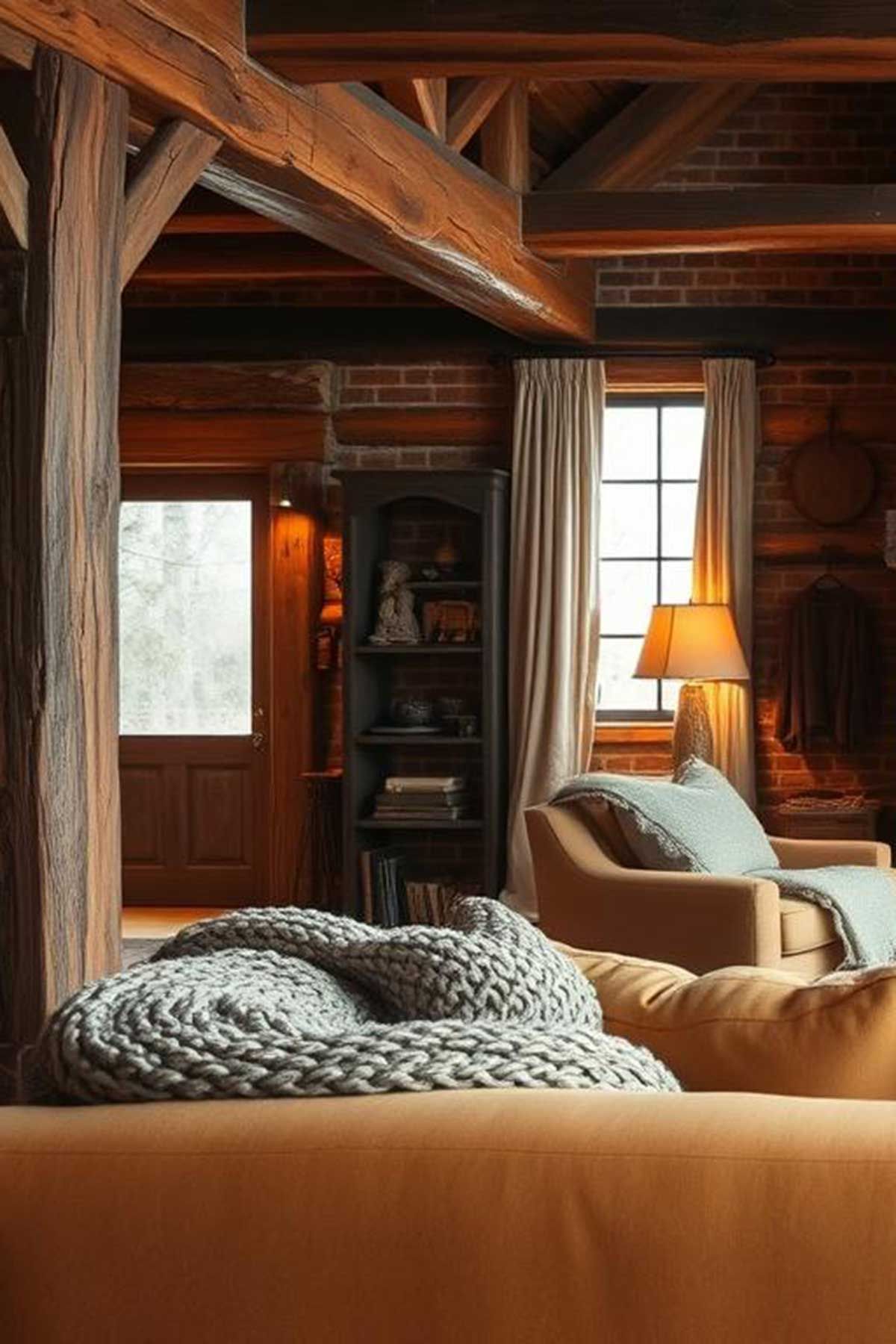 A rustic living area with caramel coloured furnishings and timber lamp shades