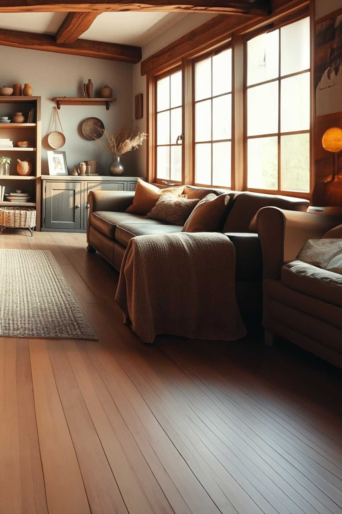 A rustic living area with jute carpets and natural fibre rugs
