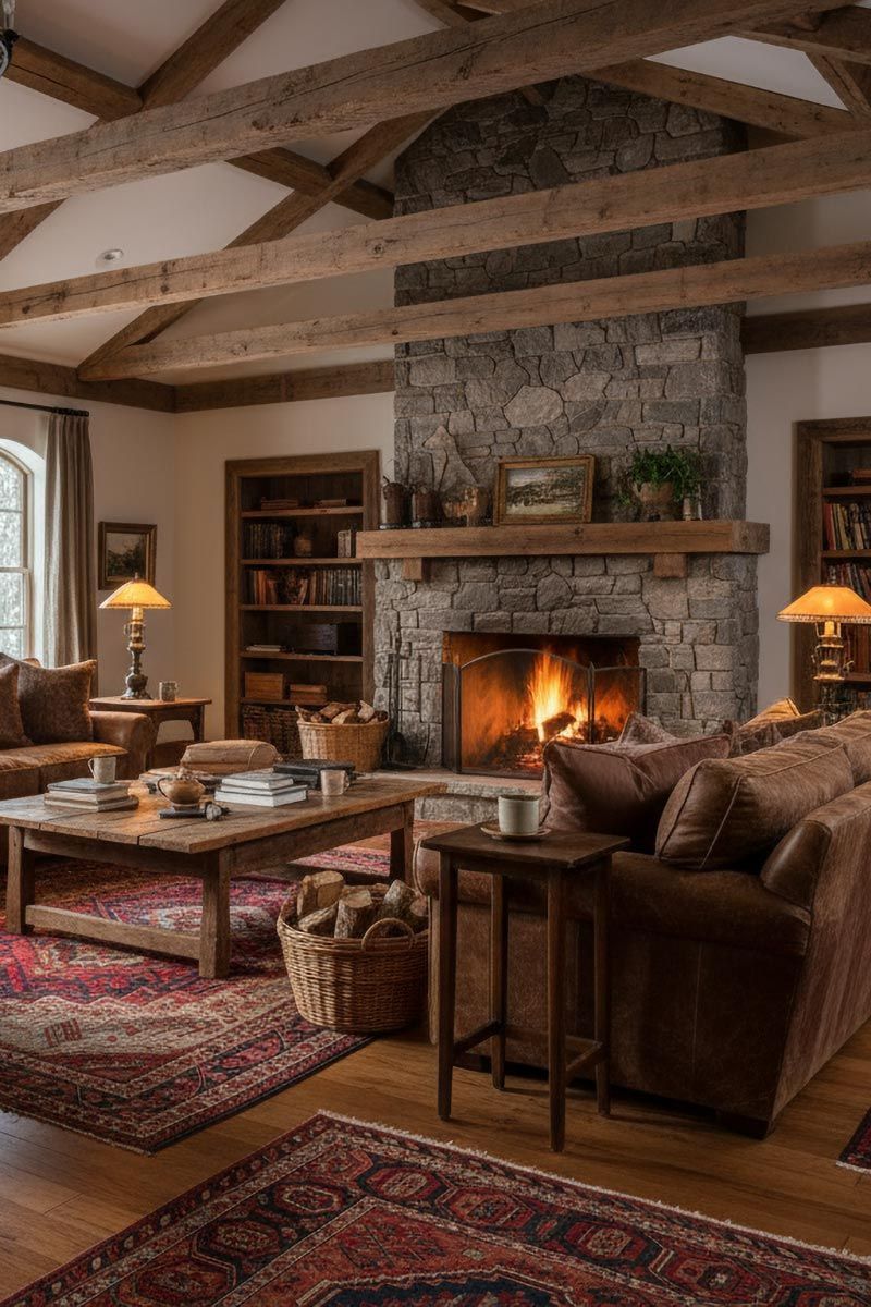 Rustic living area with a crackling fire and warm cozy elements.