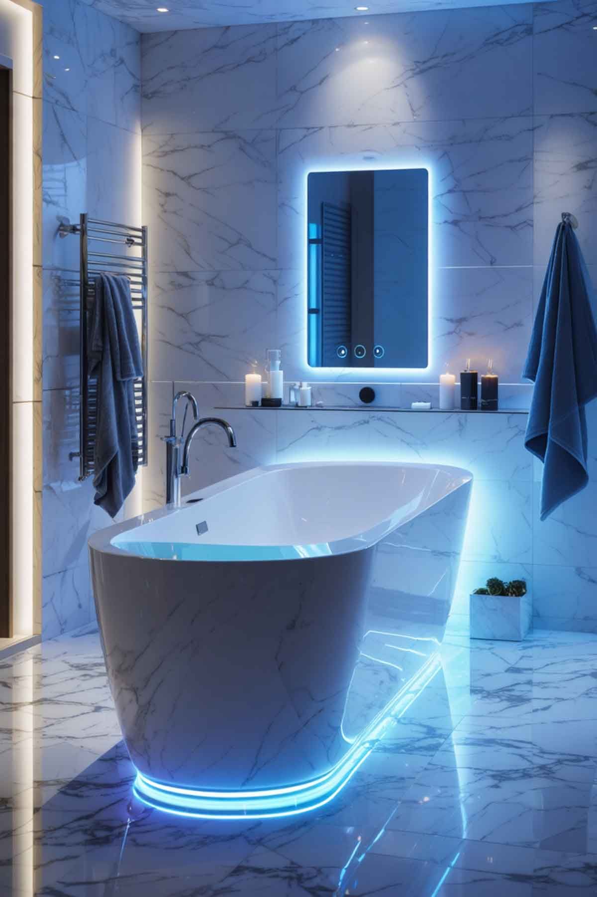 A modern bathroom with the tub highlighted with LED lights