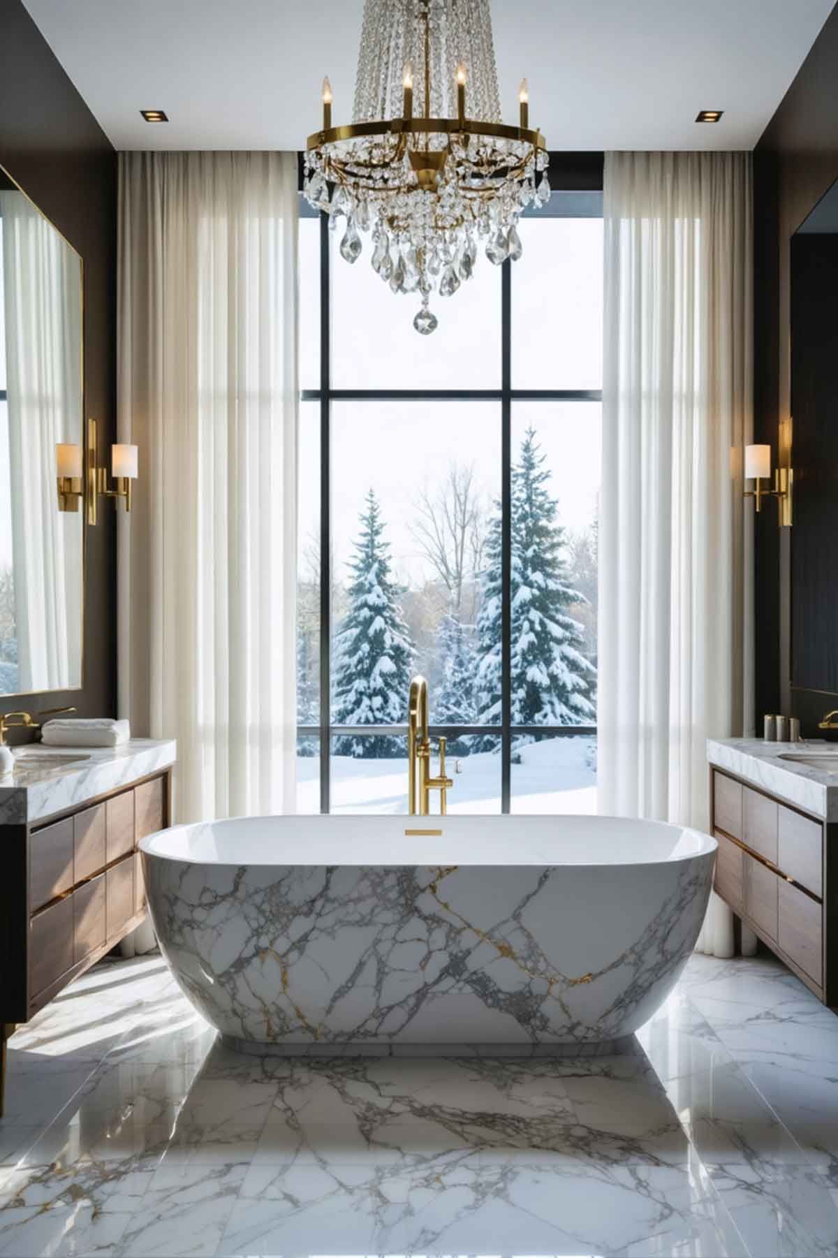 A beautiful bathroom with stunning marble floors
