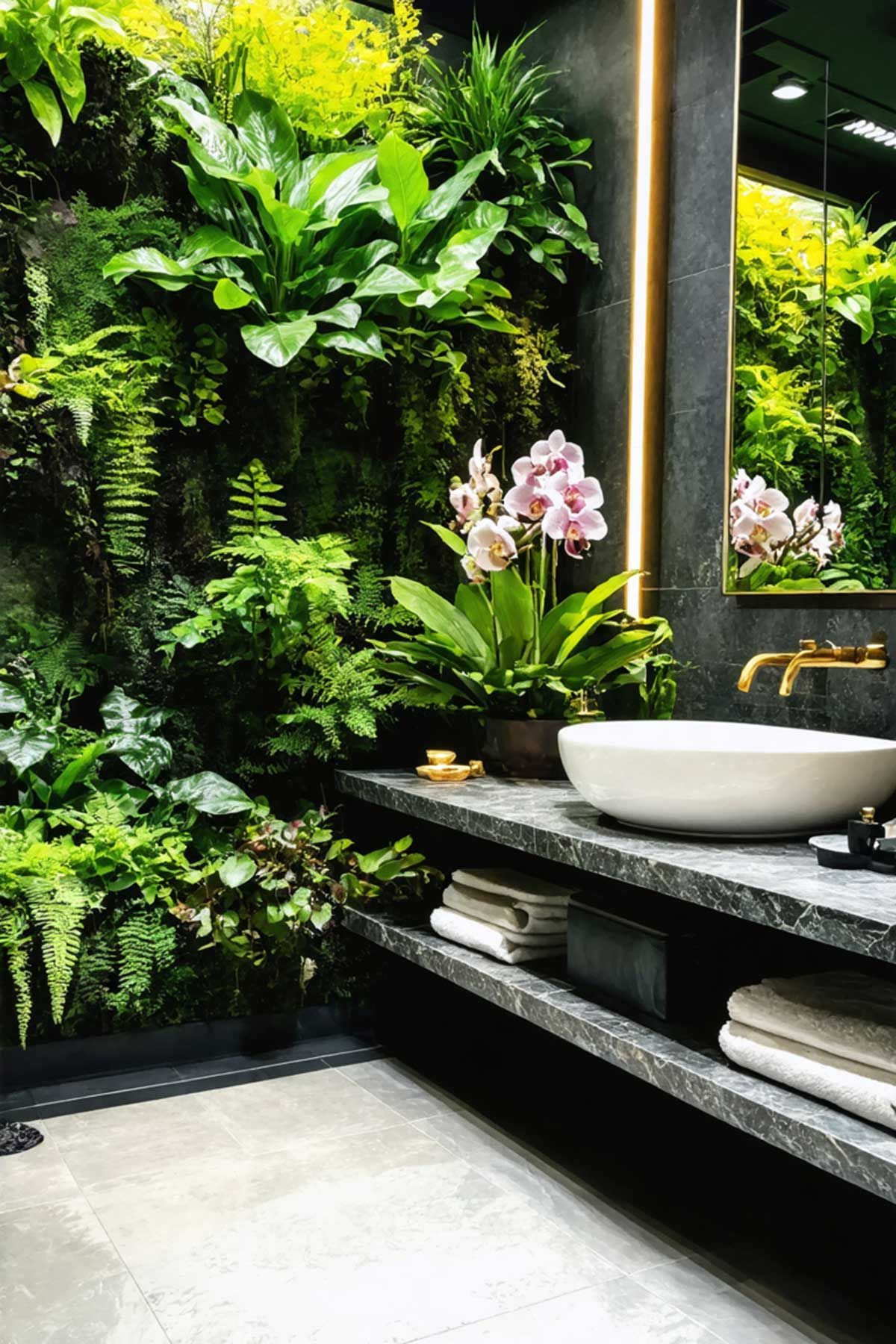 A bathroom with a sink , mirror and plants on the wall.