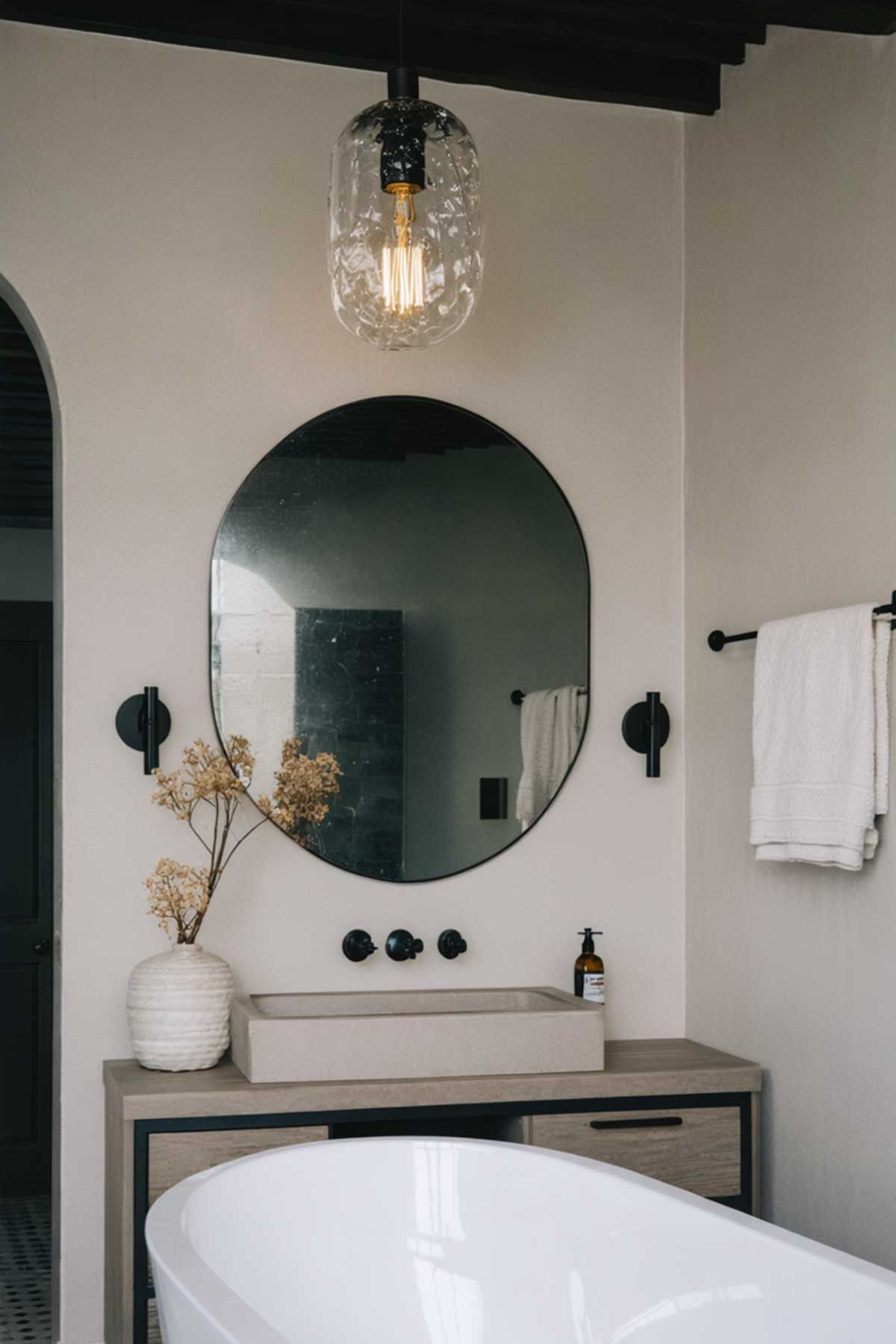 A newly renovated bathroom with a bathtub , sink and mirror.