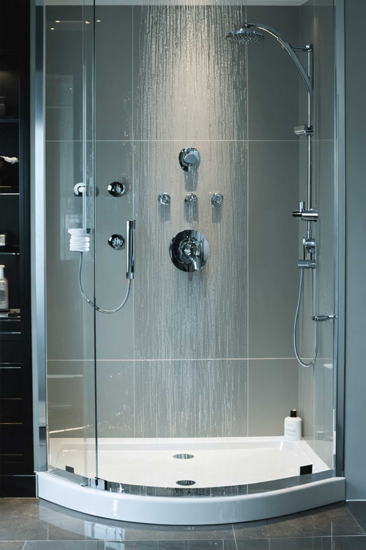 A shower stall with a glass door and a shower head in a bathroom.