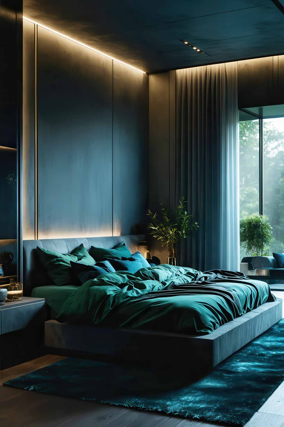 Bedroom-Lighting-Design A dark moody bedroom using overhead lighting to create the theme