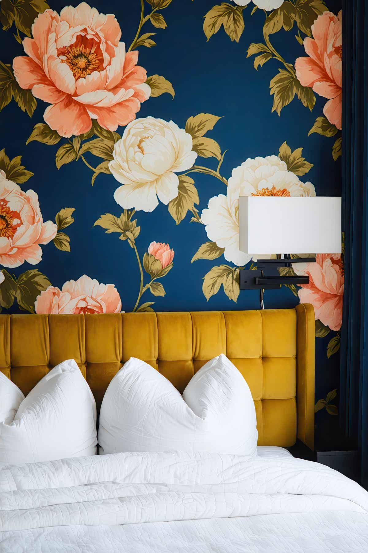 Bedroom-With-Bold-Wallpaper-Design Dark blue floral wallpaper behind a velvet bed head