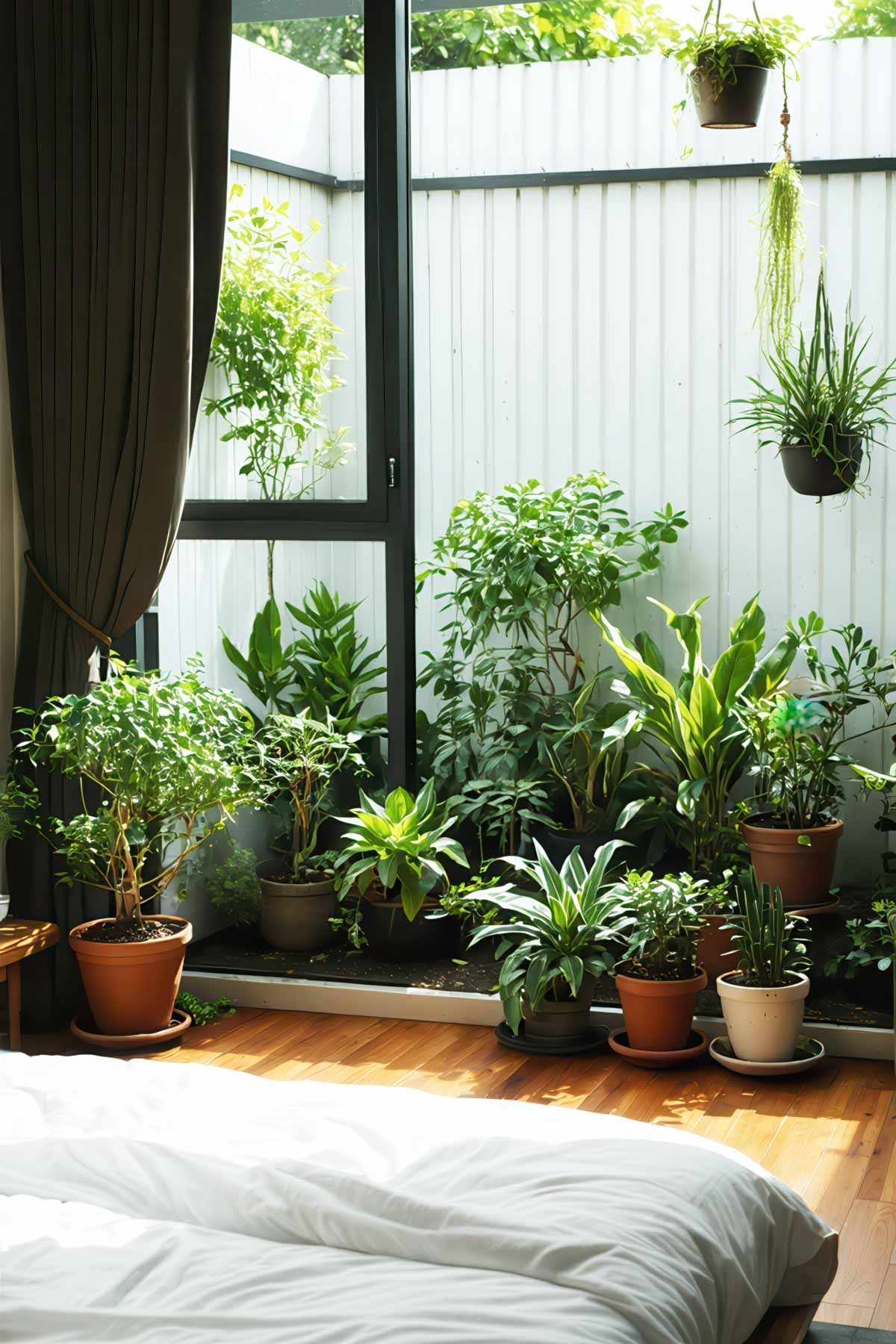 Bedroom-With-Plants-And-Minimilist-Decor A bedroom with an open window showing lots of plants in the courtyard