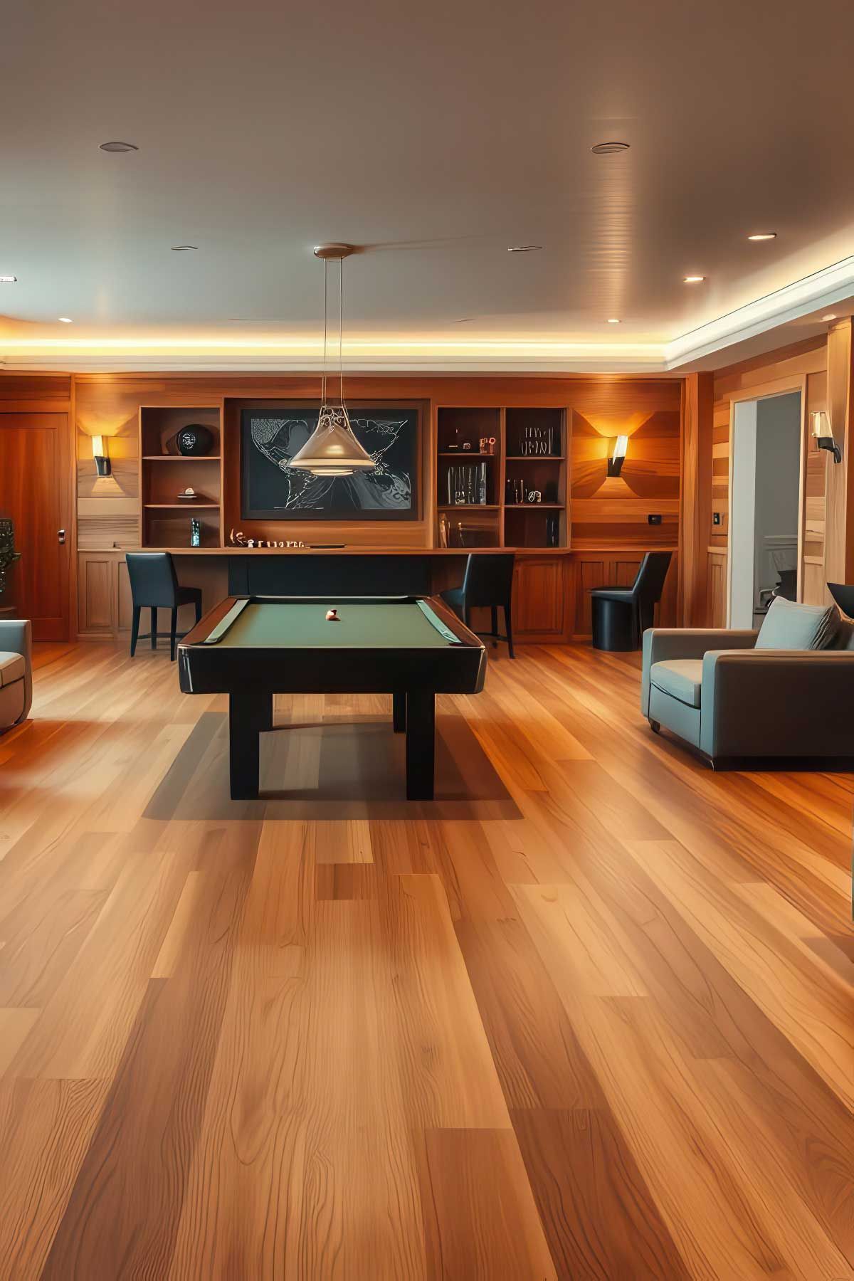 A full timber floor in an Australian games room.