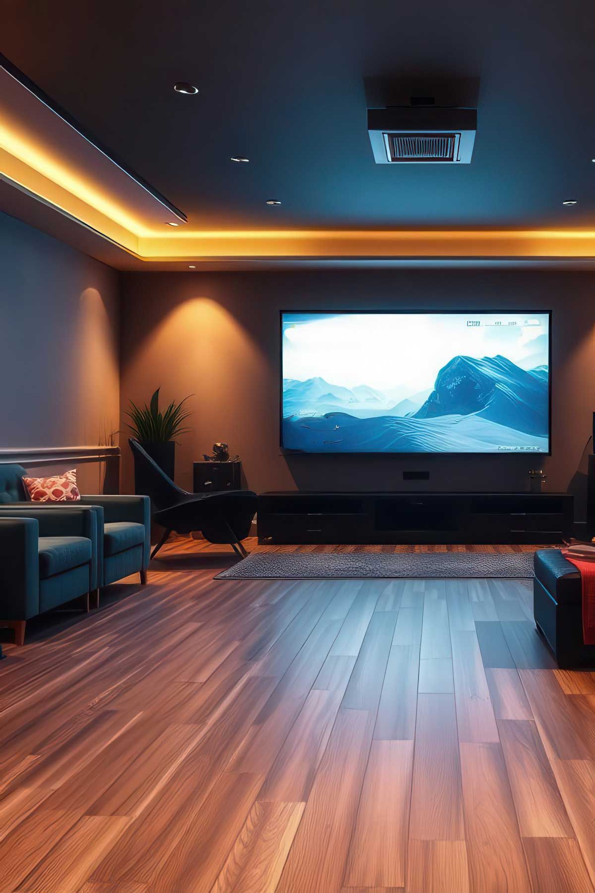 A dark moody games room with a large TV and beautiful timber floor.