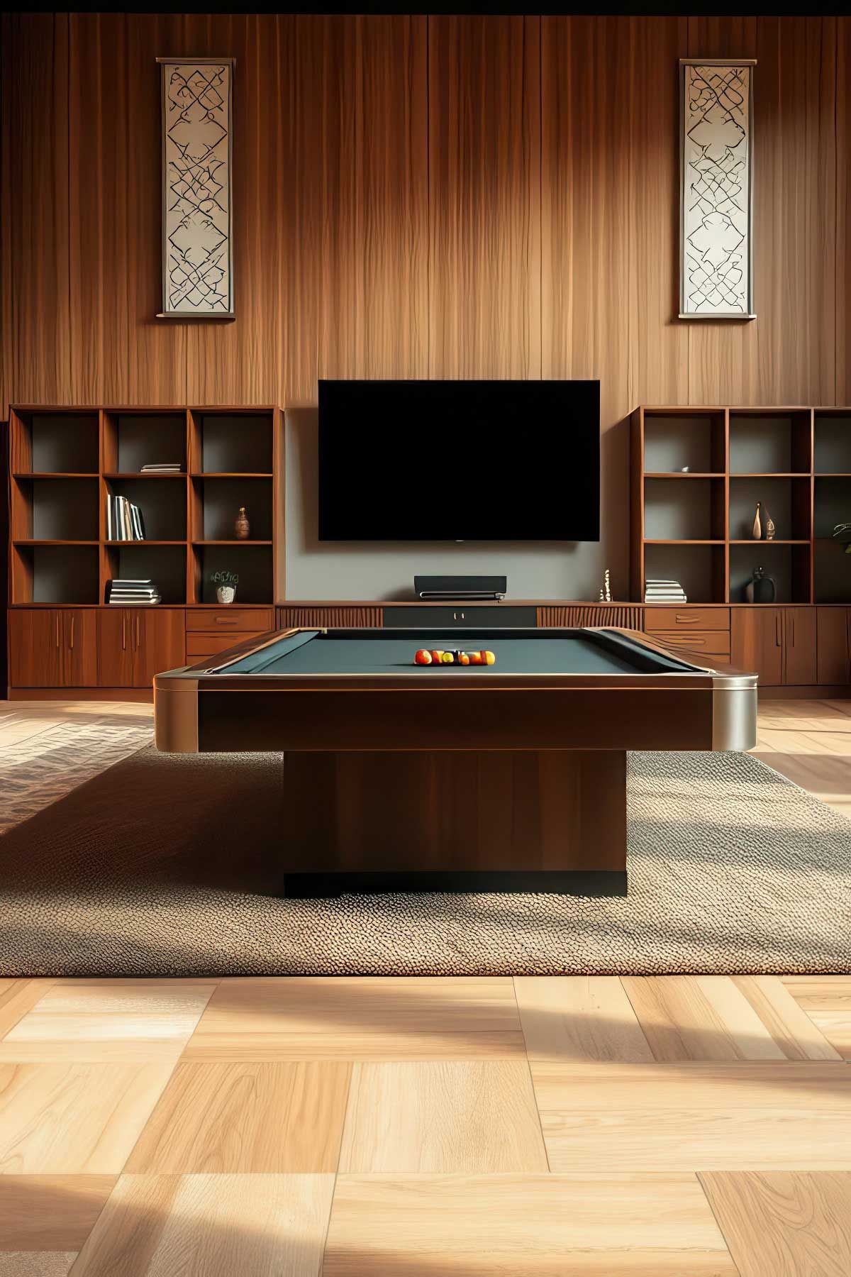 A games room with a pool table and a nice soft carpet underneath