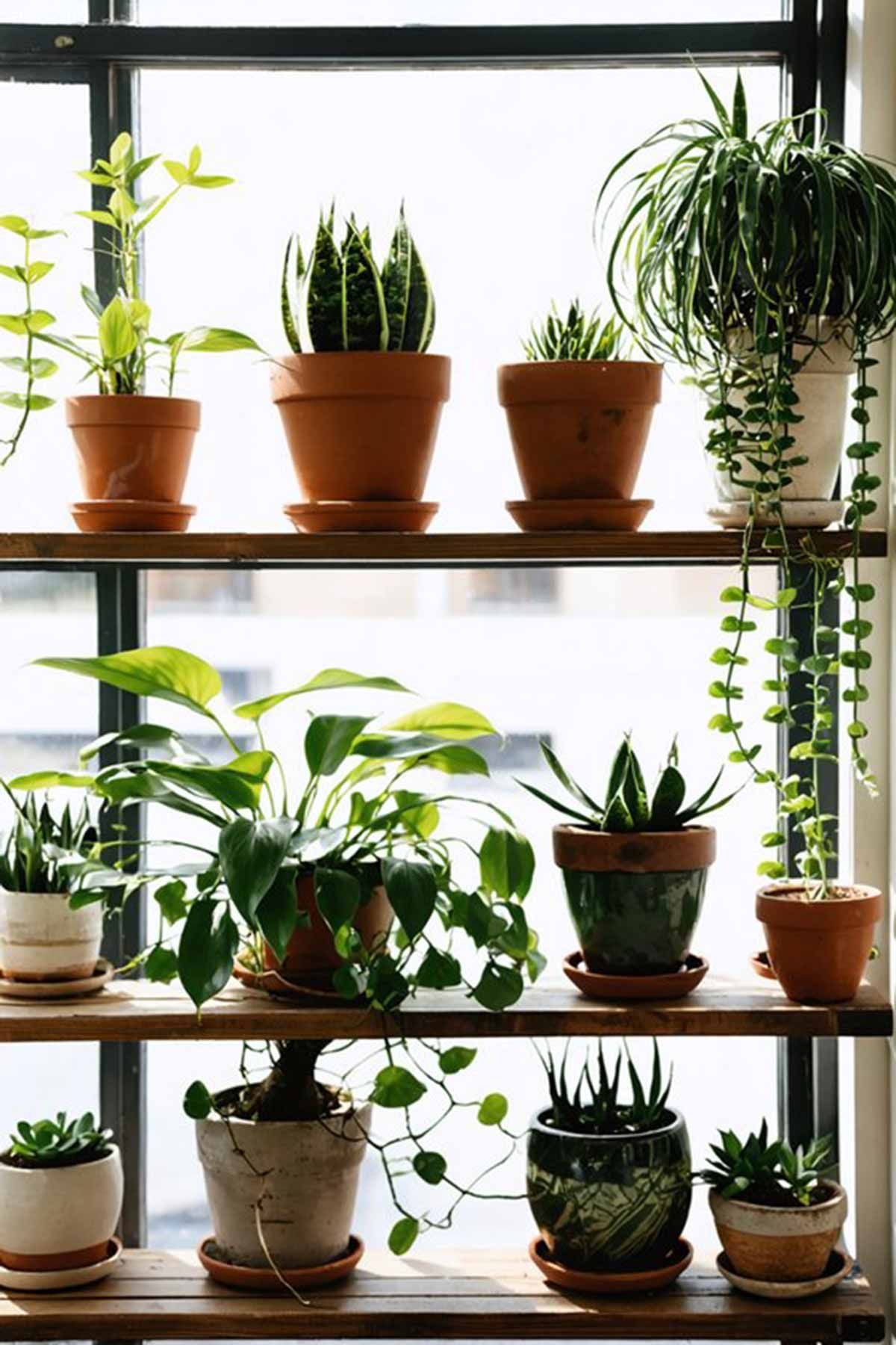 A bright window with shelving that has many different house plants. 