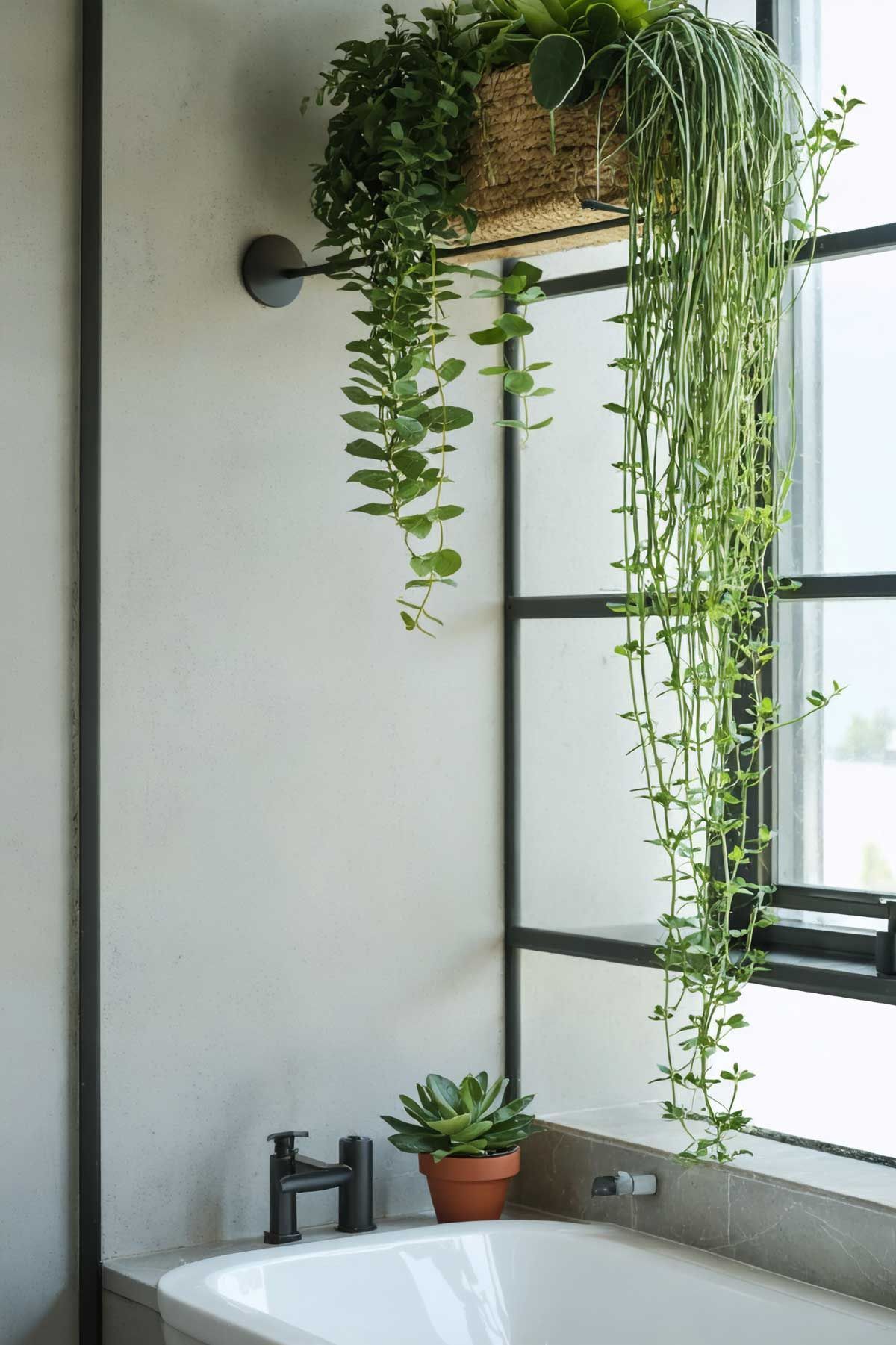 Hanging or trailing plants are great for bathrooms where they can absorb the humidity through their leaves.