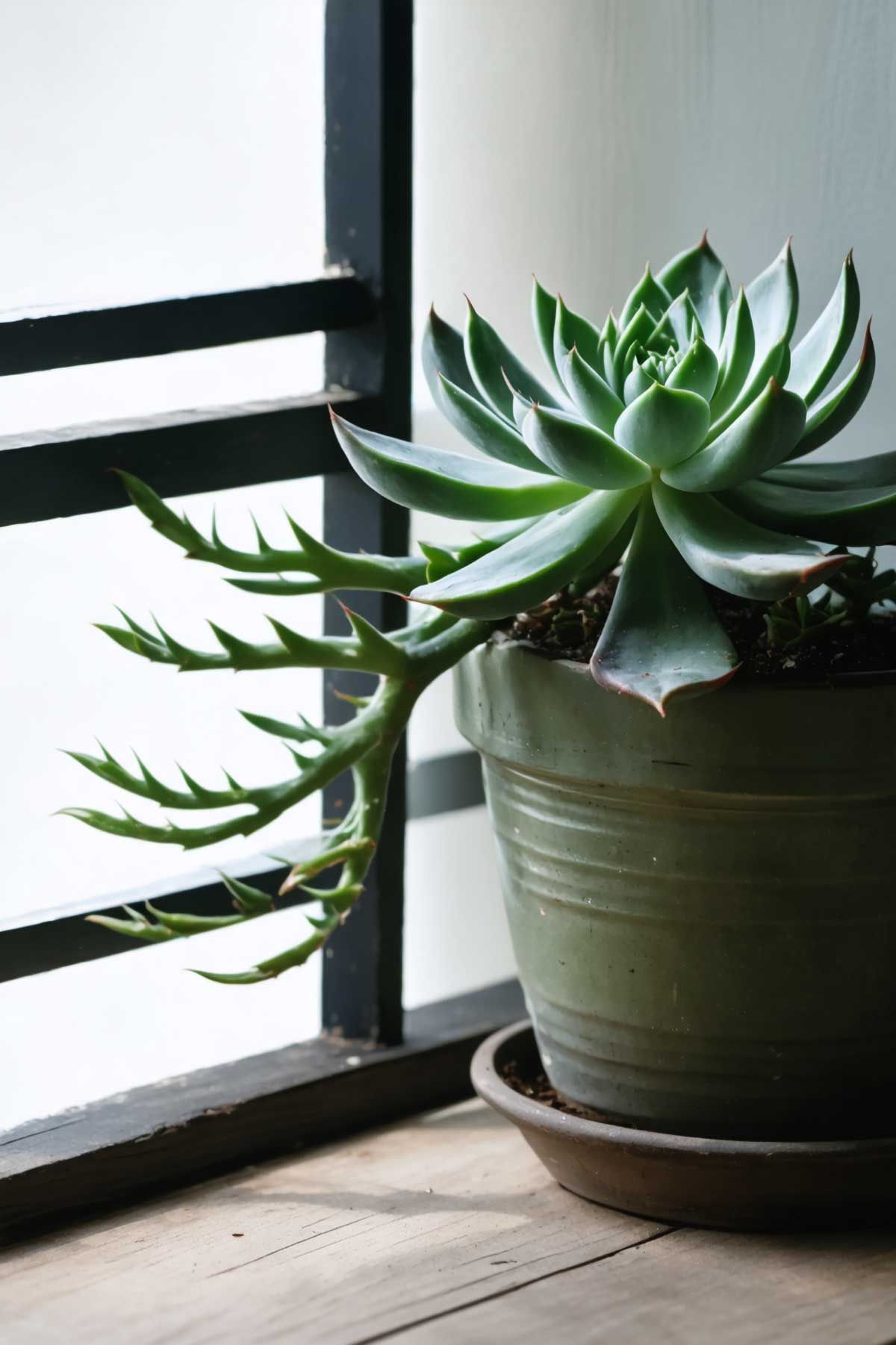 A succulent that is stretching toward the sunlight.