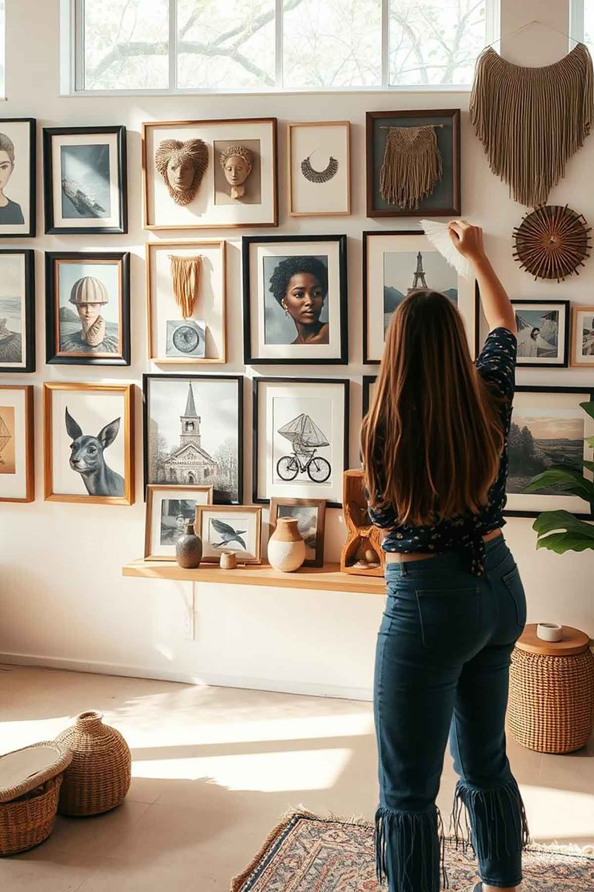 A woman is hanging a picture on a wall in a room.