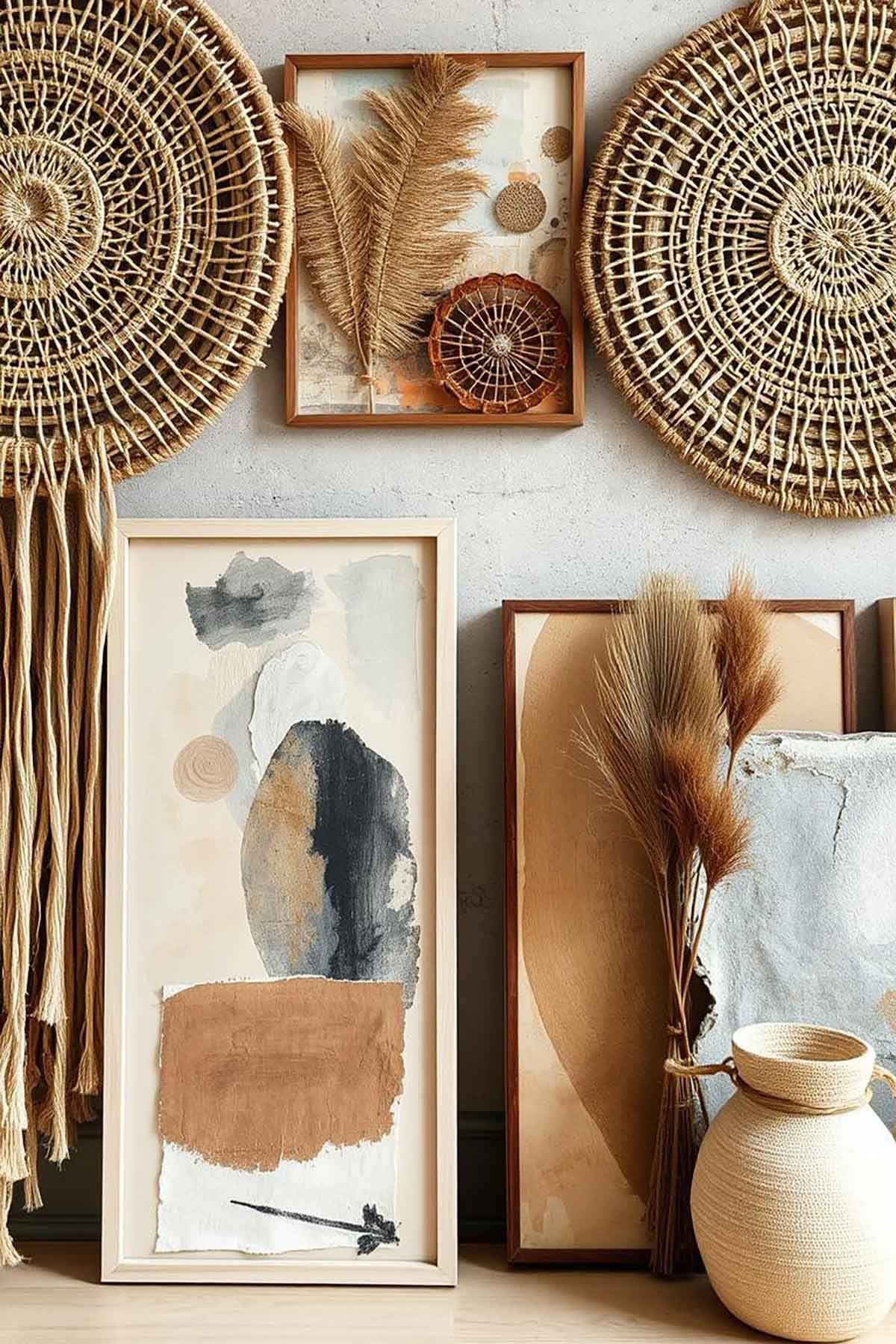 A room with a lot of paintings on the wall with boho styled weavings and a vase.