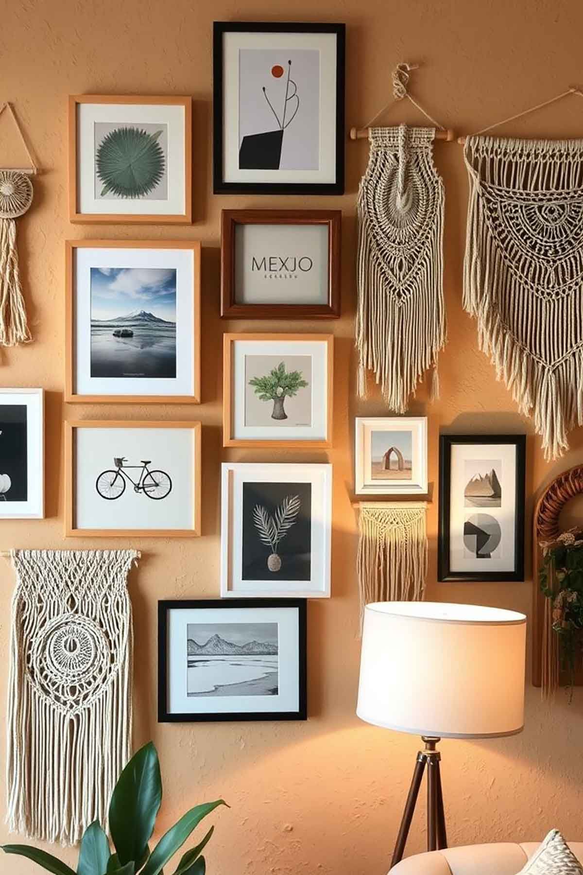 A living room with a lot of pictures on the wall and a lamp.