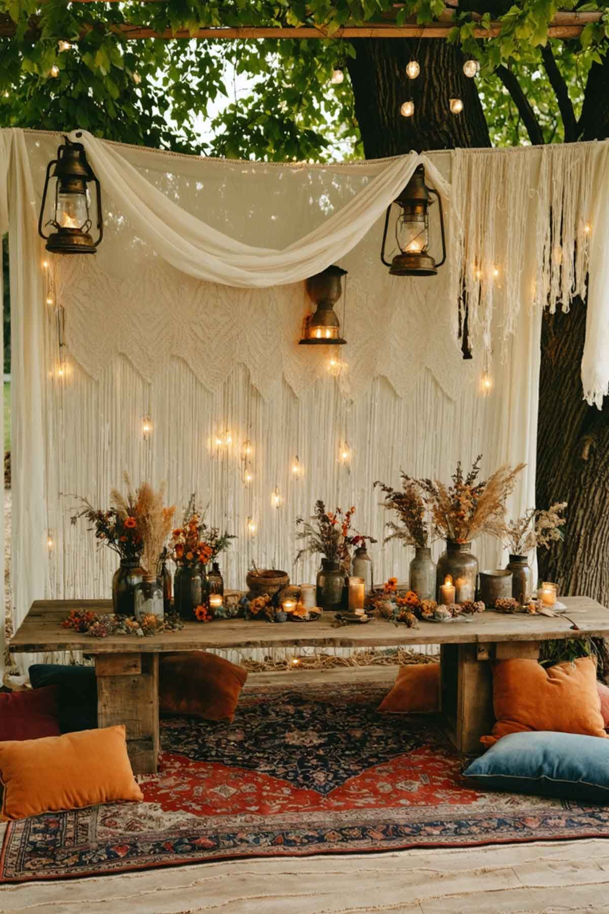 A backyard area decorated for a boho styled party.