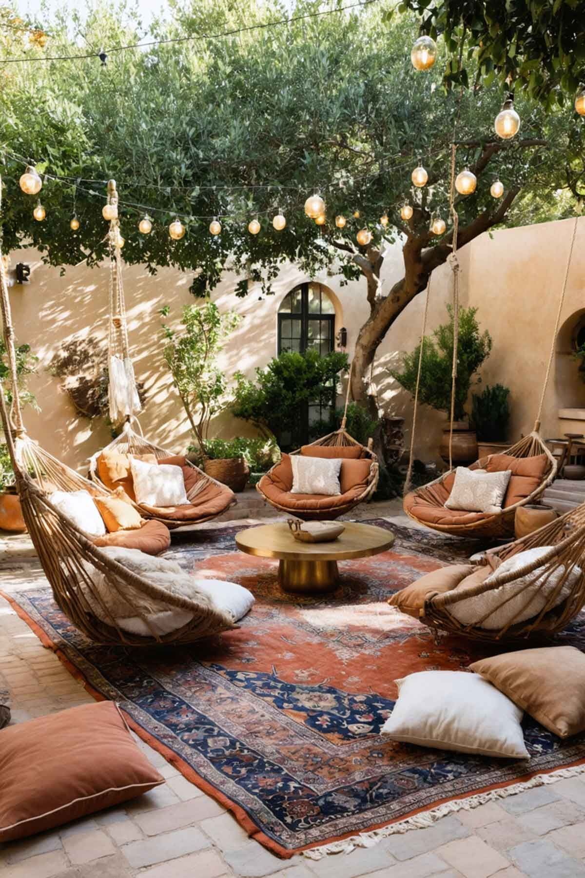 A beautiful conversation area in a backyard all set up for a boho themed party.