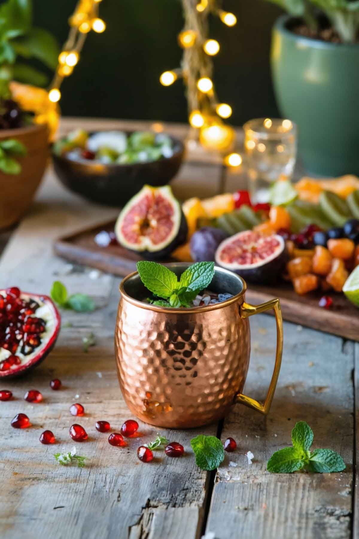 A boho table with a copper cup with a Moscow Mule!