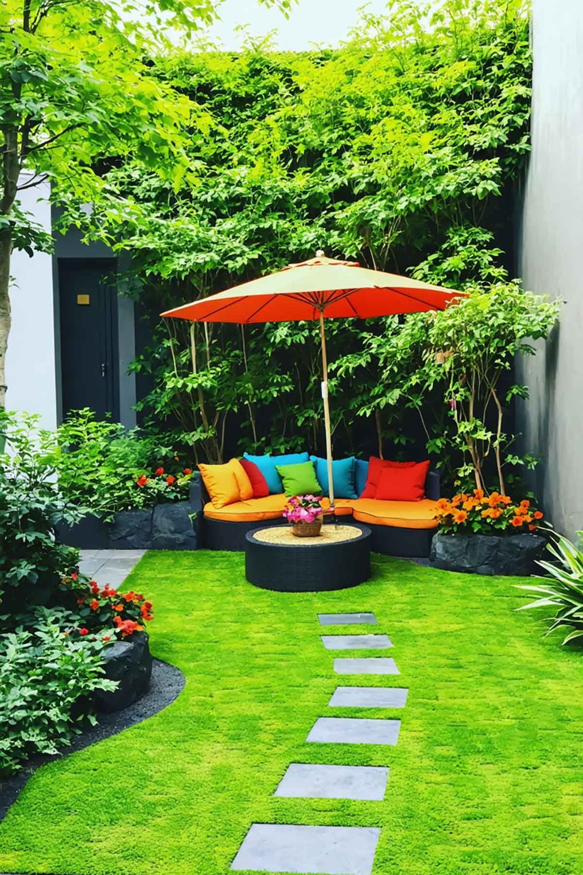 A small backyard with a couch , table and umbrella