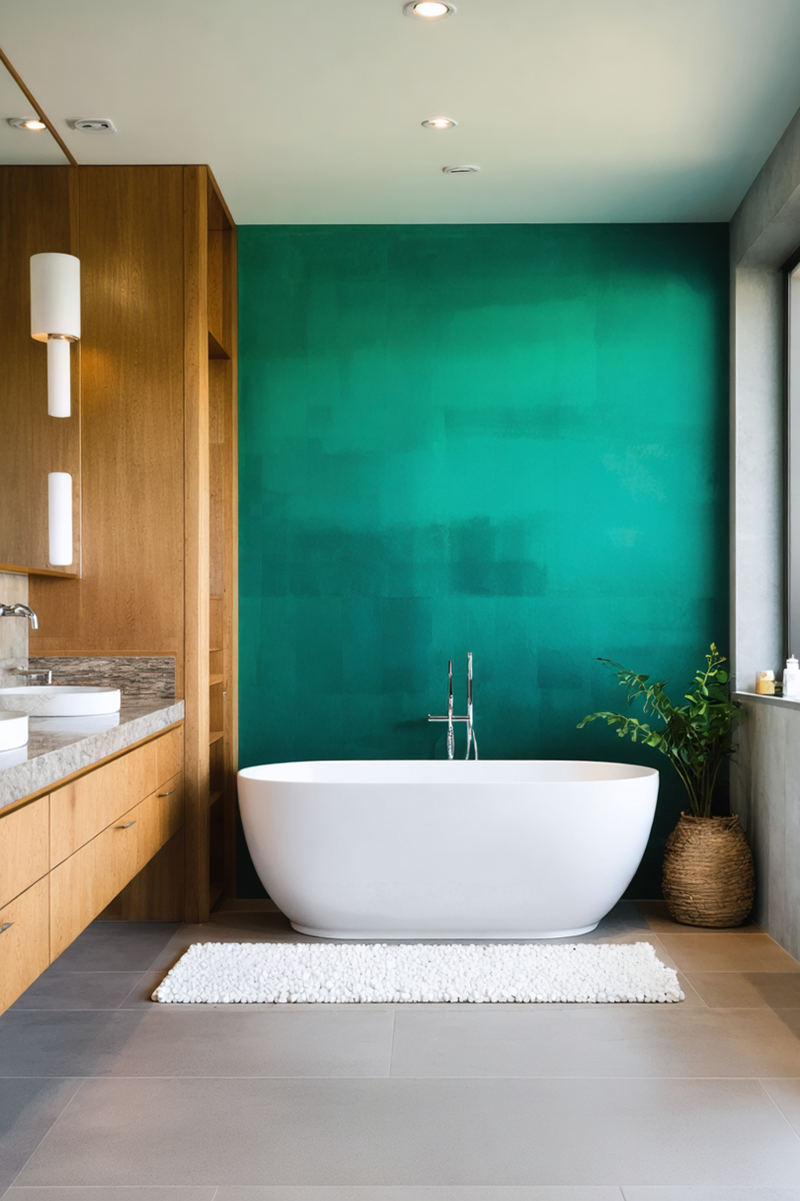 A modern ensuite with an ombre emerald green wall behind the free standing bath. 