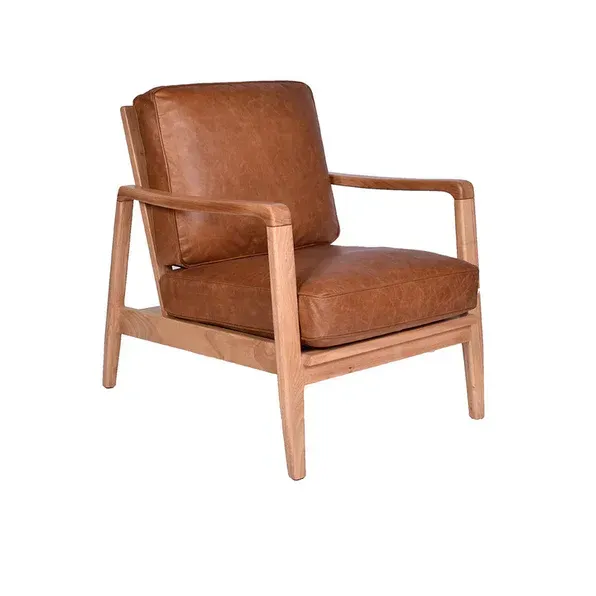 A brown leather chair with wooden legs on a white background.