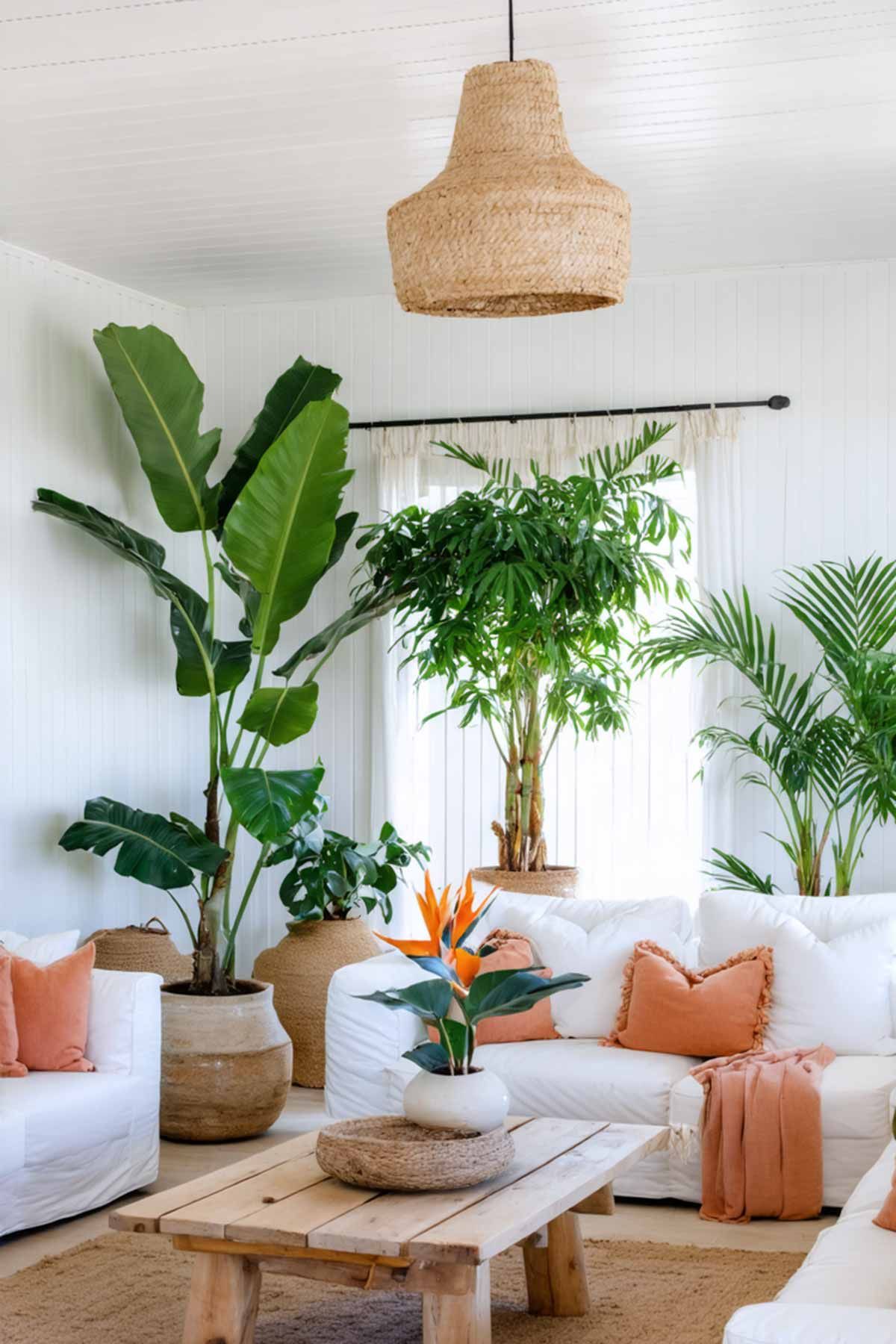 Coastal-Decor-Vibes-Peach-Accents-Plants A coastal styled living room with peach accents and plants in clay pots