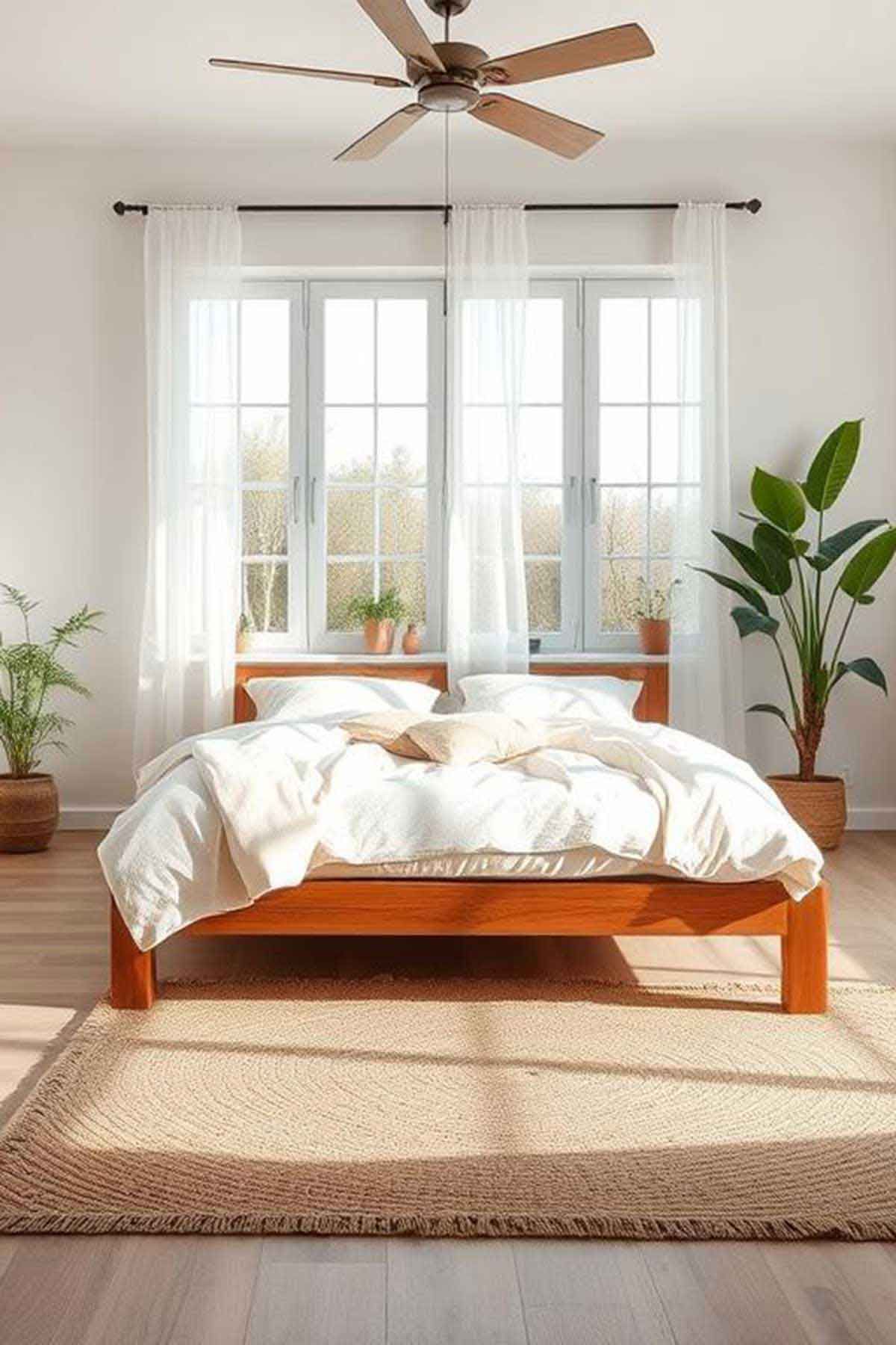 A bright bedroom with a comfortable looking bed and healthy plants