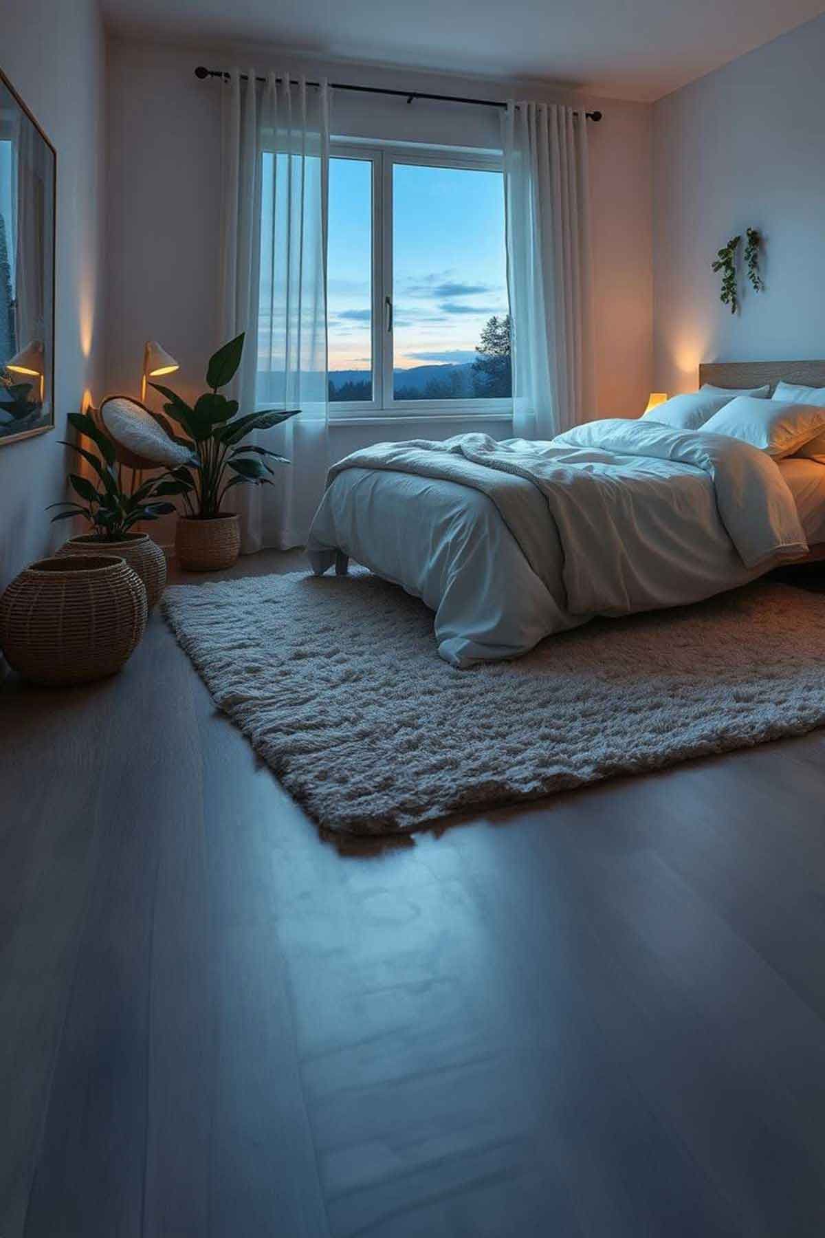 A lovely dark and moody comfortable bedroom great for sleep quality.