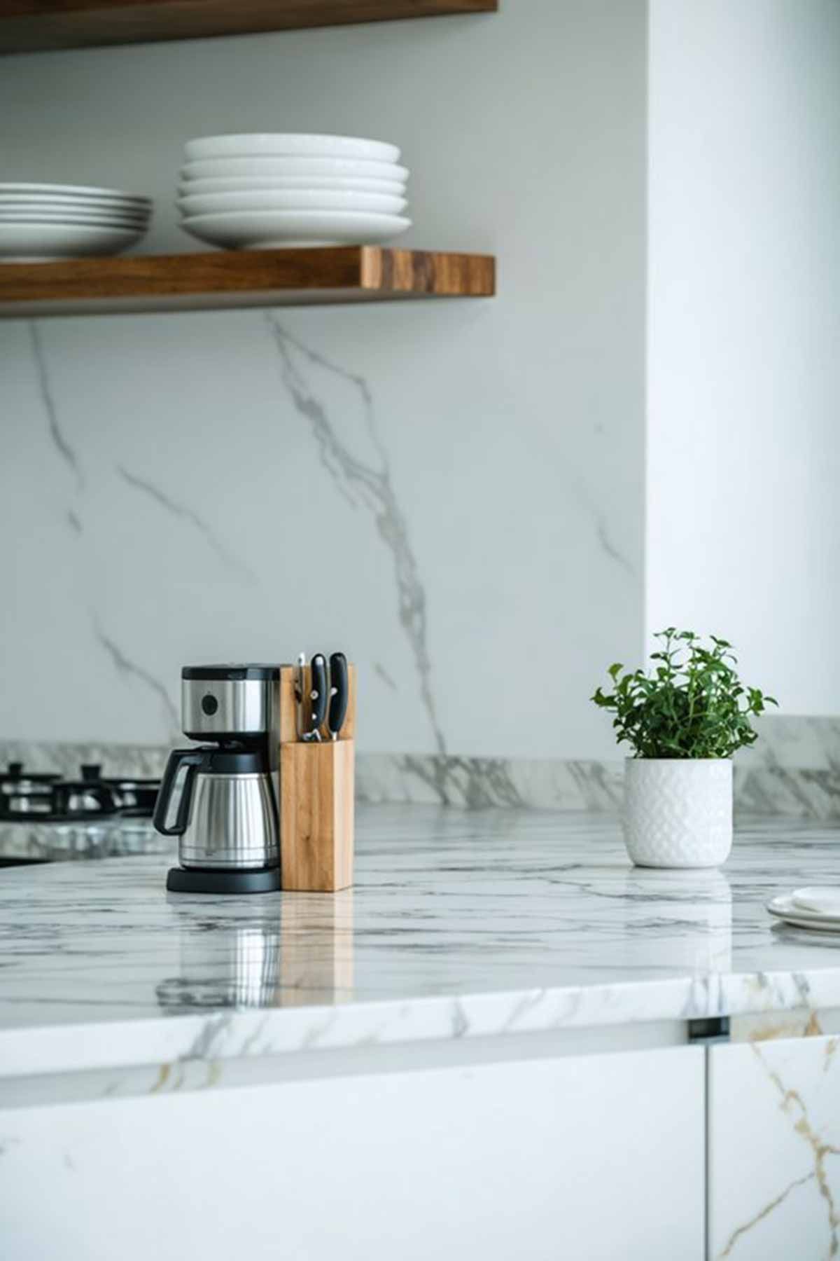 A coffee maker is sitting on a marble counter in a kitchen.