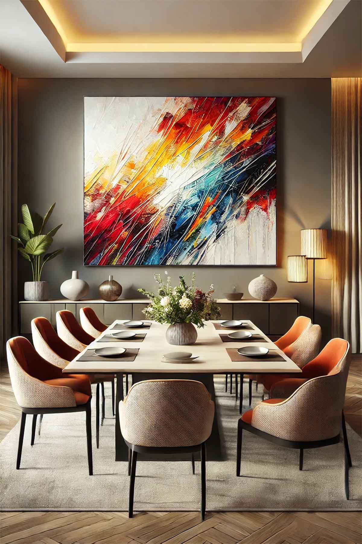 Dining-Area-With-Textured-Canvas-Art Canvas Wall art with a unique layering technique.
