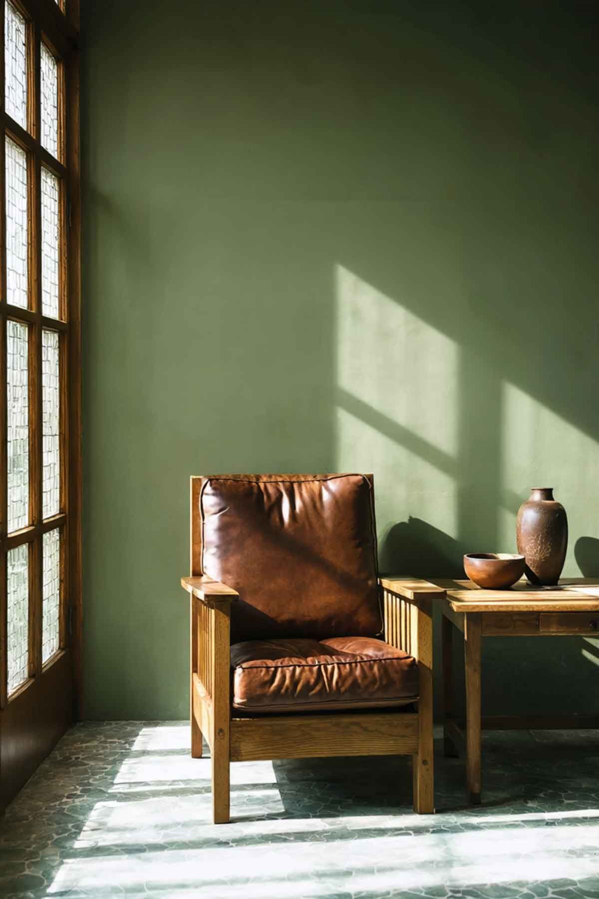 A brown leather chair is sitting next to a wooden table in a room with green walls.