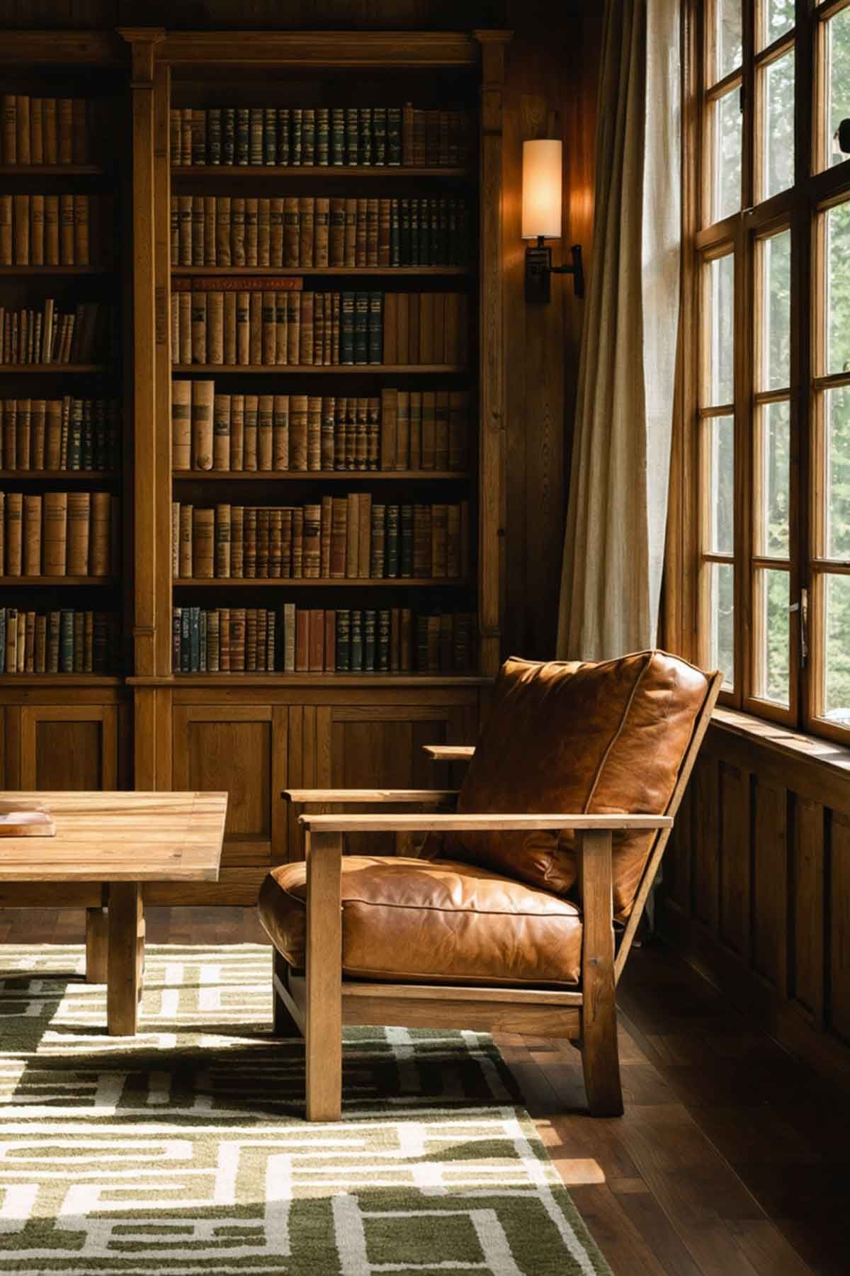 A living room with a chair , table , and bookshelf.