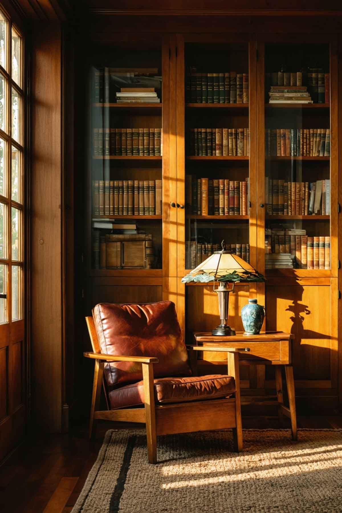 A leather chair and a lamp in the living room decorated in a Mission style.