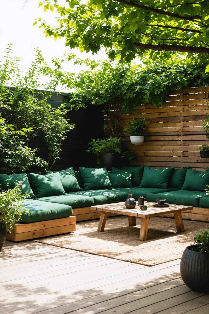 A beautiful outdoor seating area with a comfortable lounge covered in emerald green cushions. 