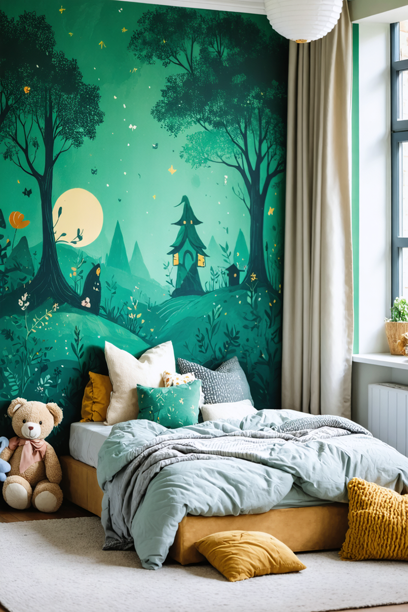 A child's bedroom with a stunning emerald green feature wall that allows the space to by mythical and whimsical.