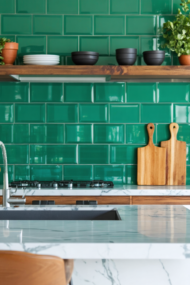 Emerald green tile backsplash giving a kitchen a bright modern vibe
