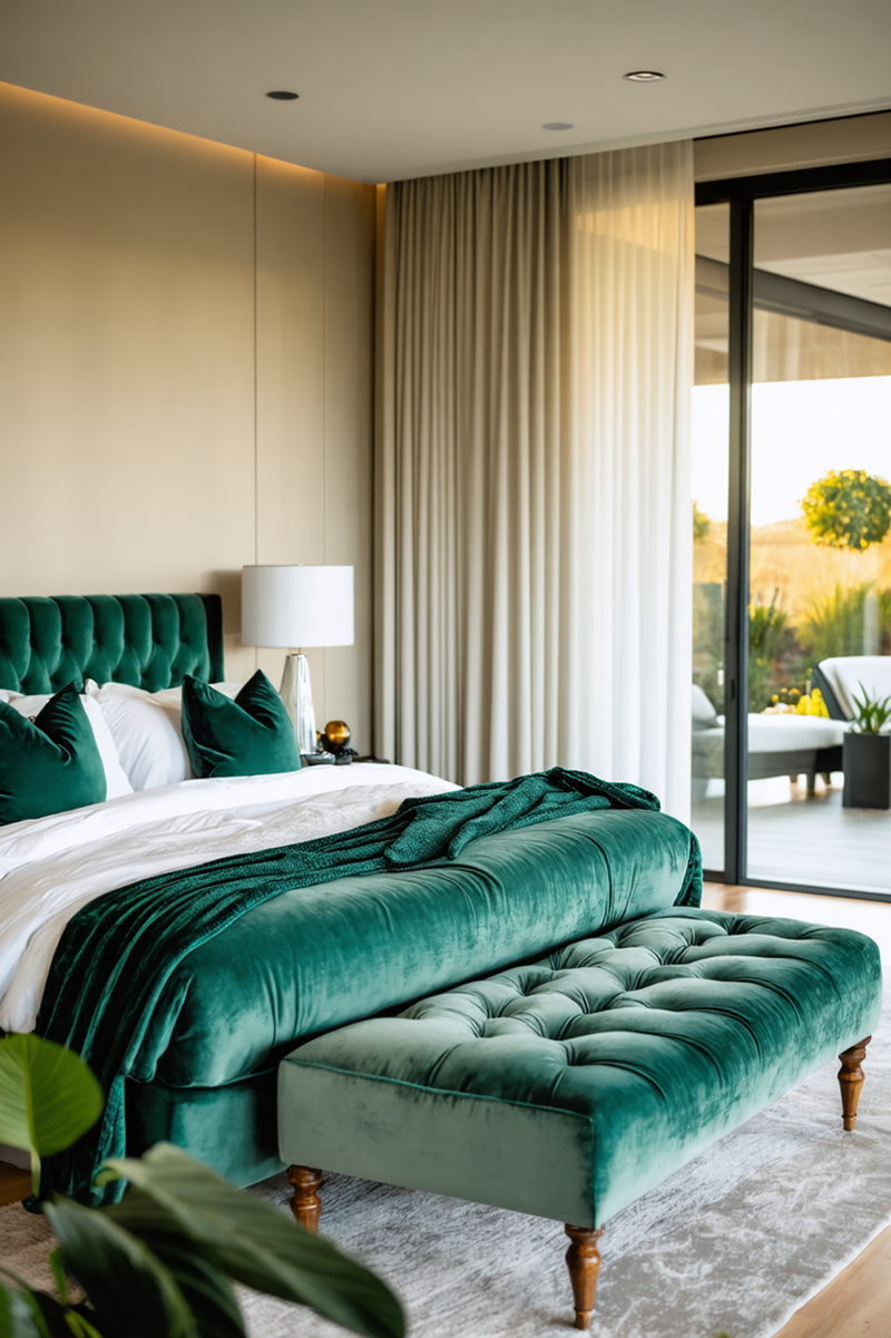 A master bedroom with emerald green soft furnishings designed to give the room a bold pop of colour