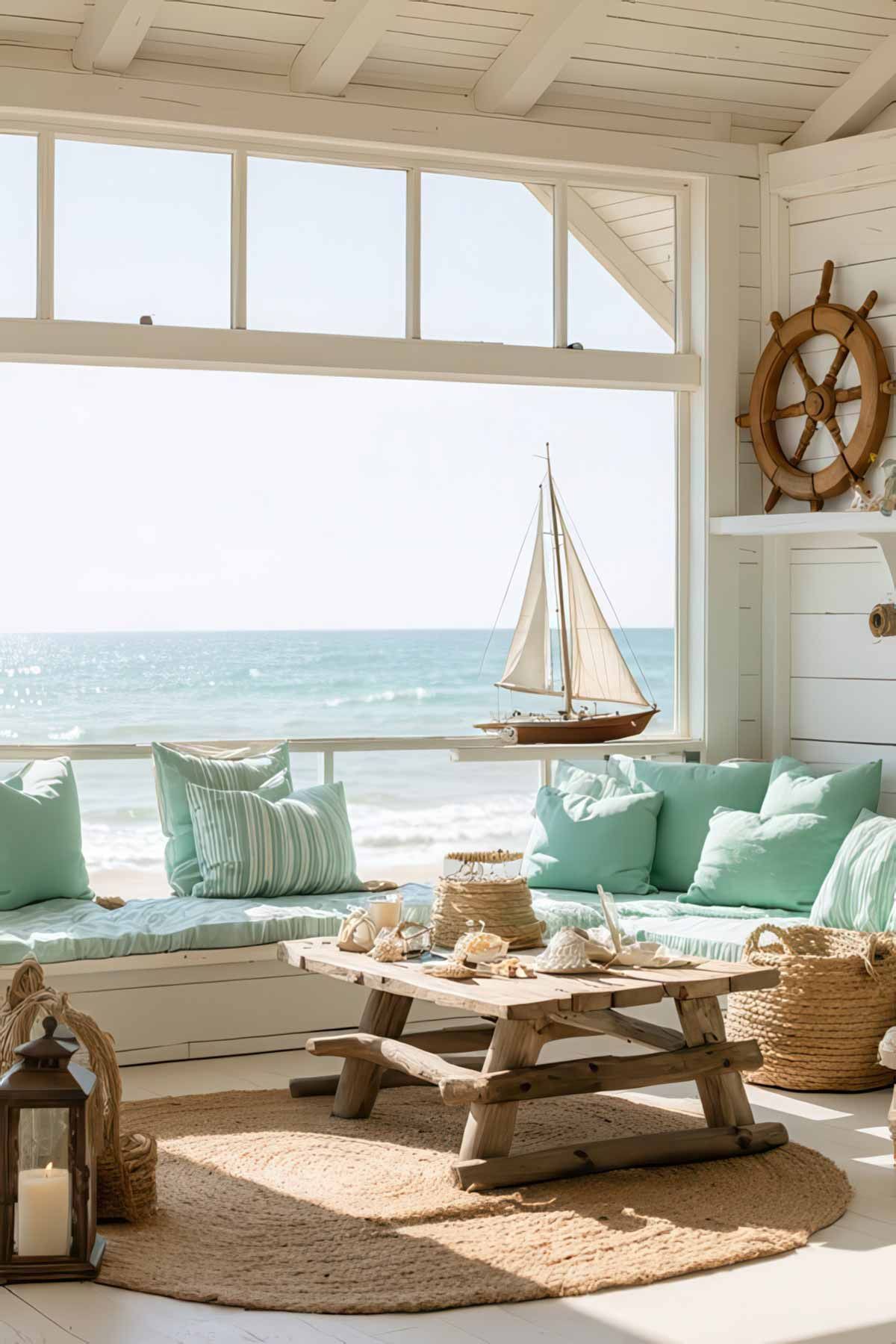 Essential_Decor_Elements_for_a_Beachy_Vibe_0003 Ocean themed decor elements in a bright living room with mint coloured accents
