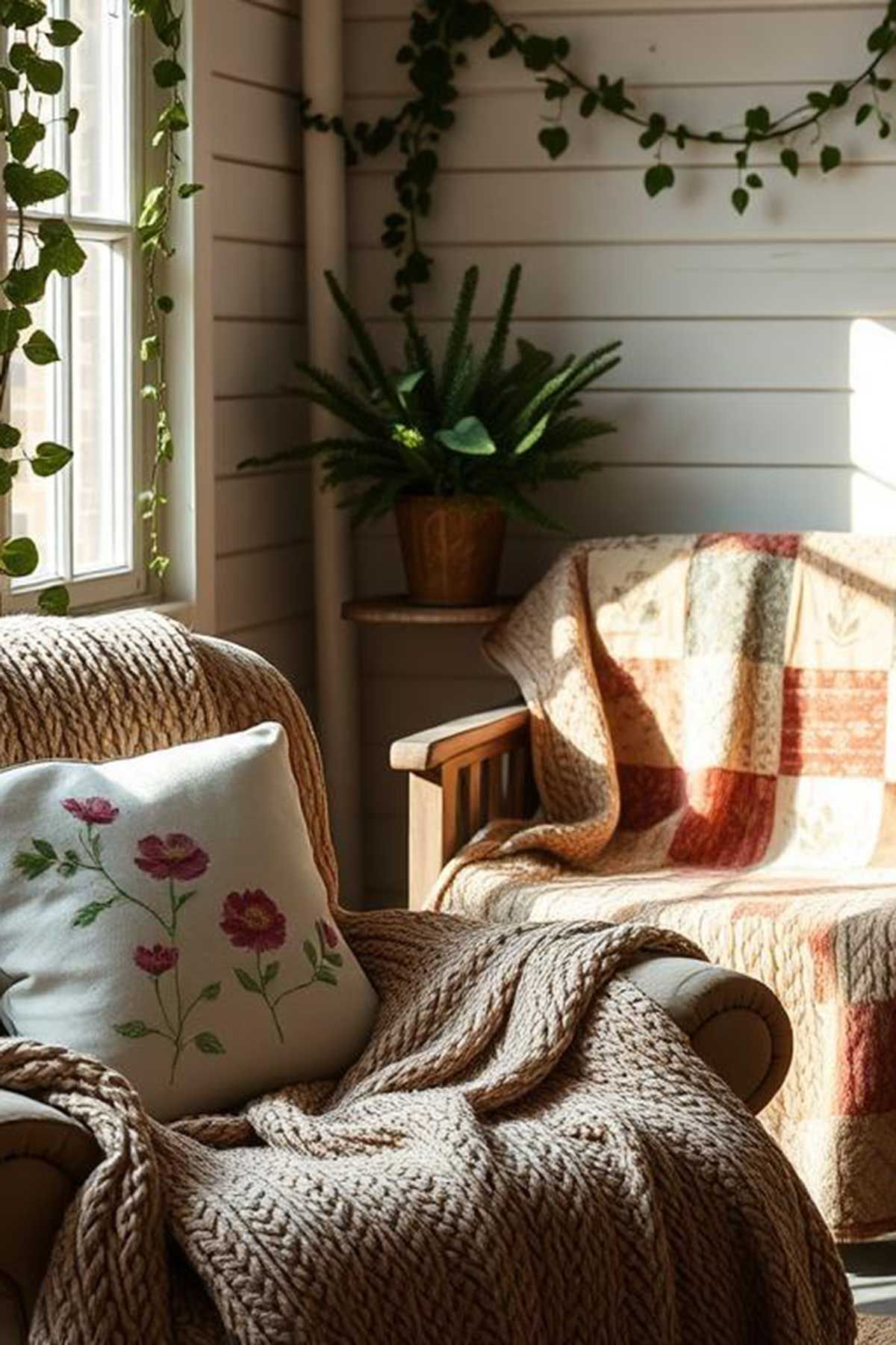 A chair with a blanket and a pillow on it in a living room.